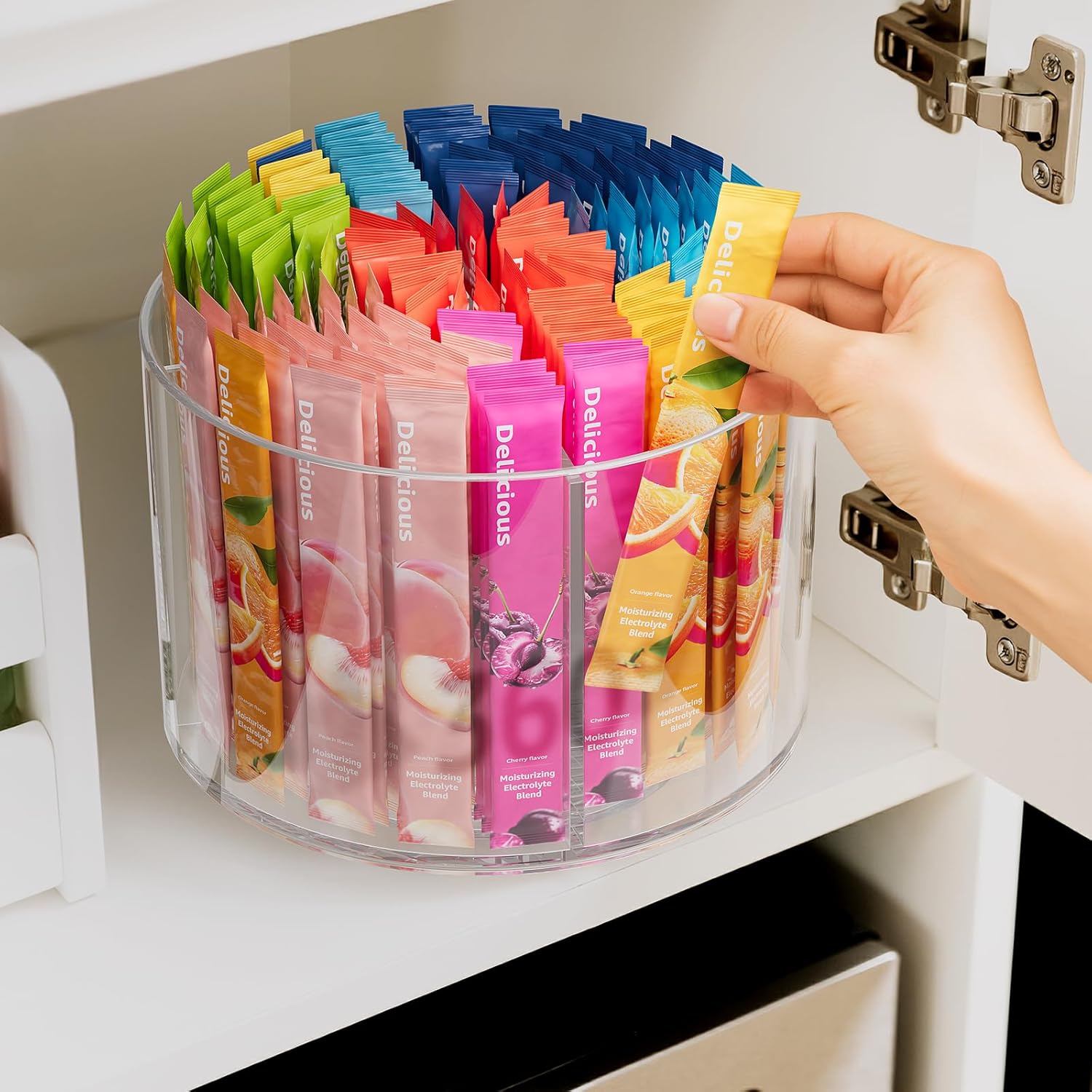 Divided Drink Packet Organizer, Rotating Turntable Organizer, Clear Lazy Susan for Powdered Drink Mix, Water Drink Packet Holder