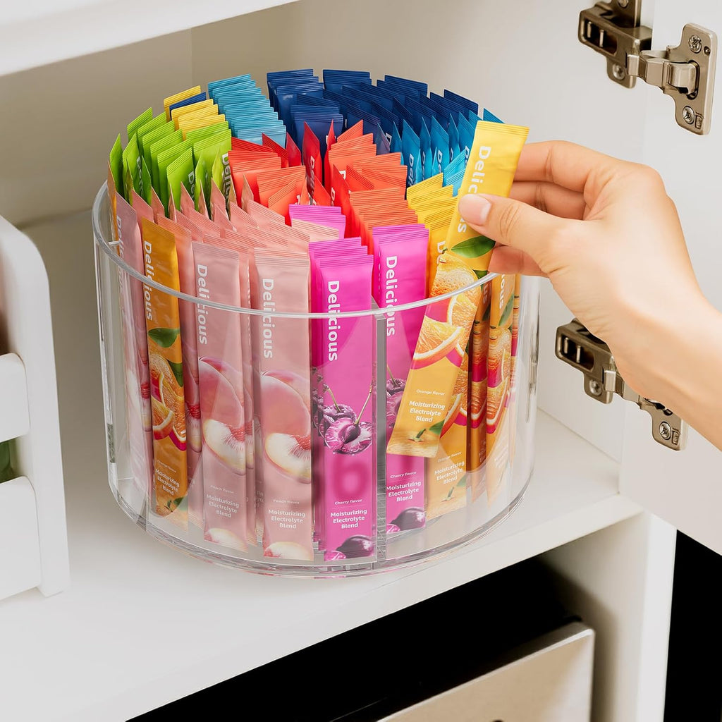 2-Pack Rotating Drink Mix Organizer, Spinning Drink Packet Holder, Clear Lazy Susan Turntable for Powdered Mixes, Divided Drink Storage Organizer