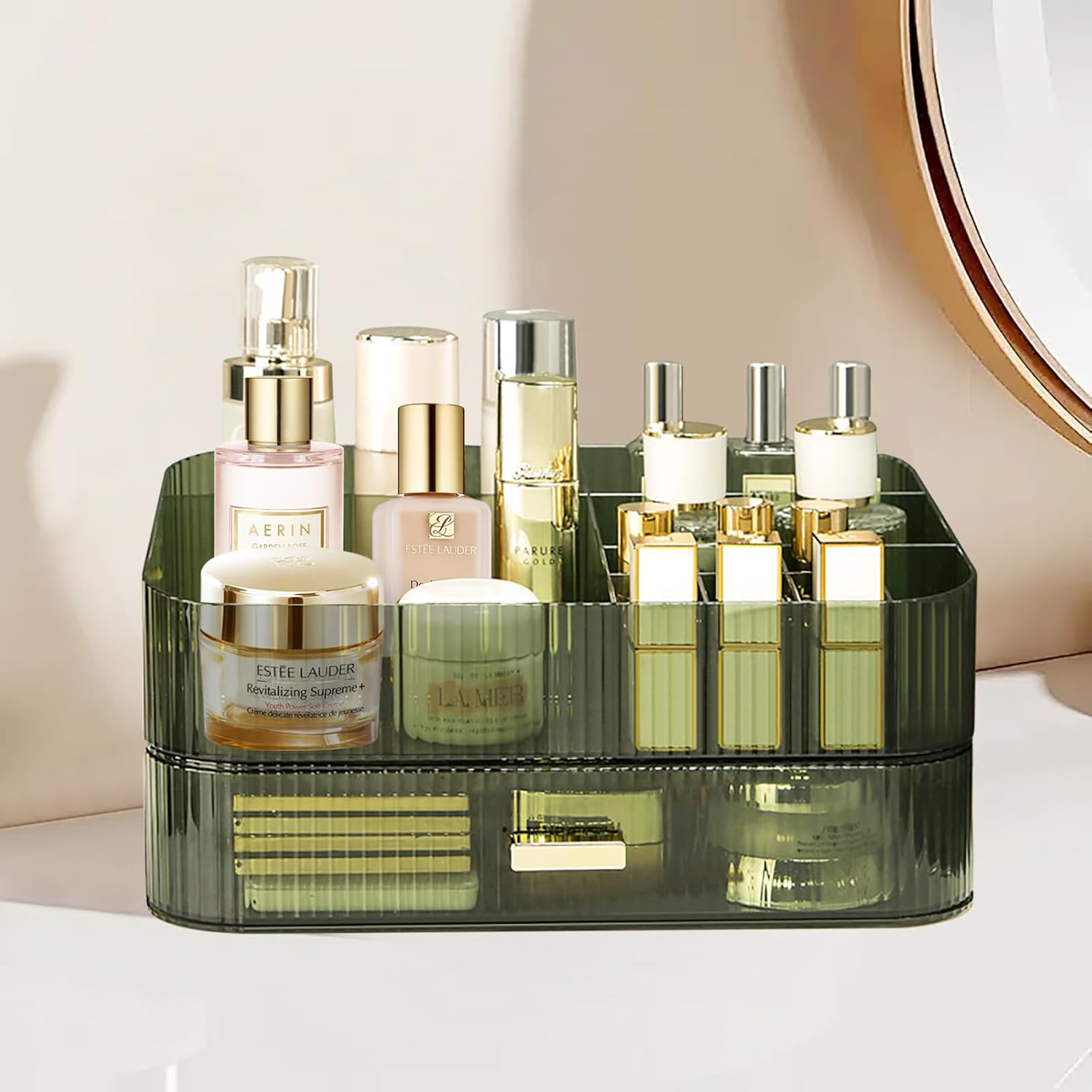 Makeup Organizer with Stackable Drawer, Large Capacity Vanity Organizer for Dresser Bathroom Countertop, Cosmetics Organizer and Display Case for Skincare, Perfume, Makeup Brushes, Lipsticks, Green