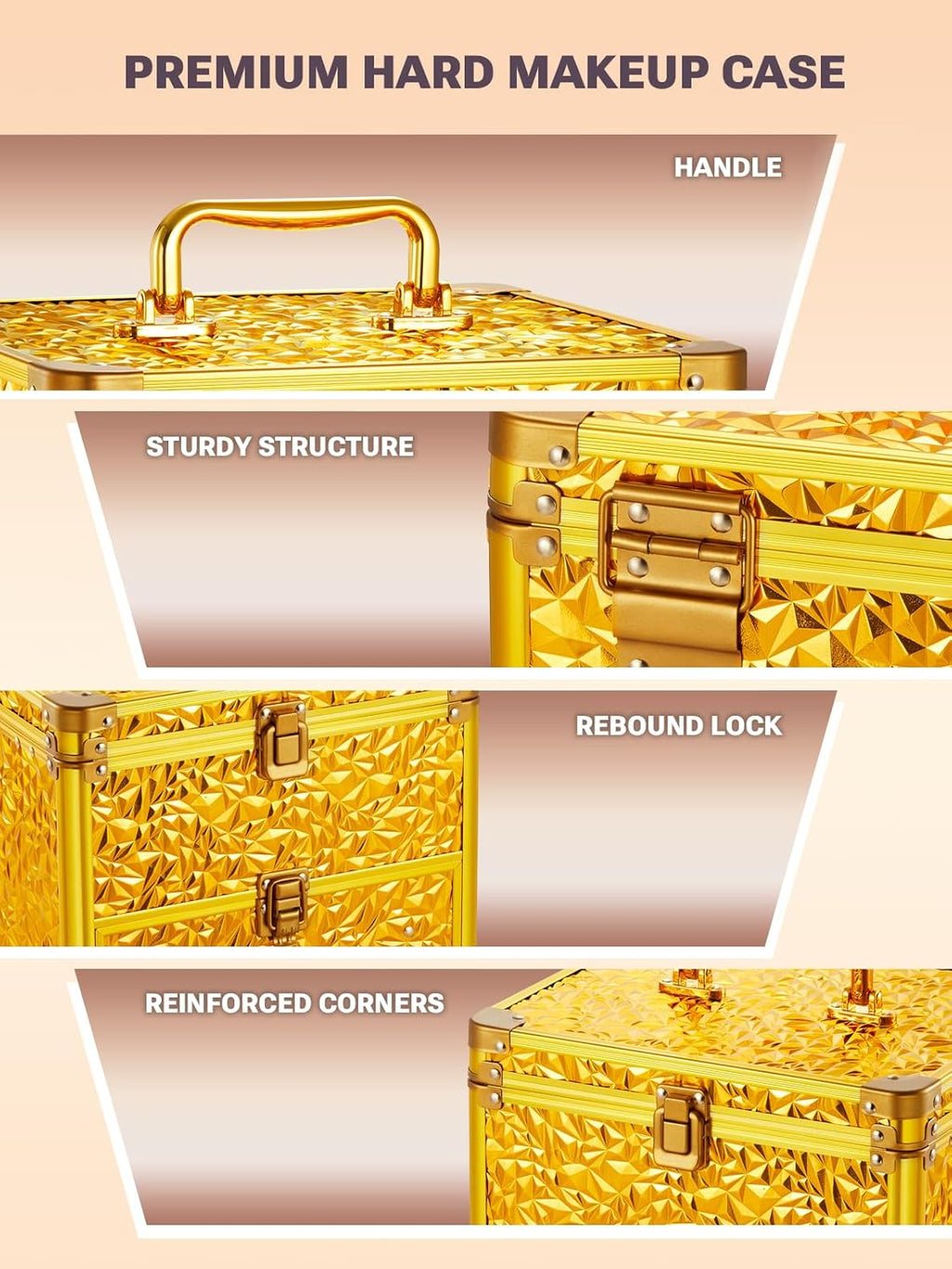 Qislee Makeup Box with Drawer and A Detachable Lighted Mirror, Waterproof Travel Train Case, Cosmetic Organizer and Makeup Suitcase with Adjustable Dividers, Magnetic LED Mirror (Luxury Gold)