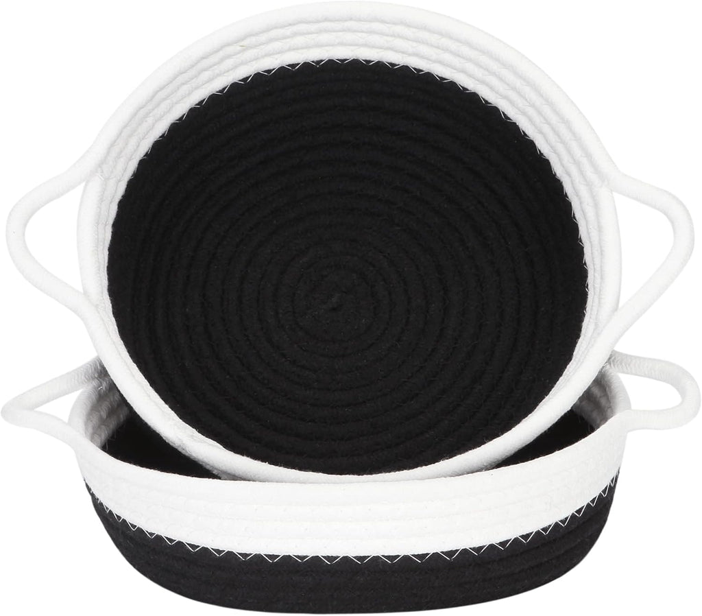 Sea Team 2-Pack Cotton Rope Baskets, 10 x 3 Inches Small Woven Storage Basket, Fabric Tray, Bowl, Round Open Dish for Fruits, Jewelry, Keys, Sewing Kits (Black & White)