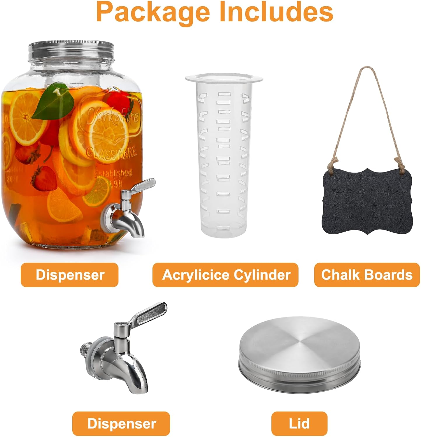 1 Gallon Glass Beverage Dispenser with Lid, Stainless Steel Spigot, Glass Drink Dispensers for Parties, Lemonade Dispenser With Ice Cylinder for Weddings, Party,Sun Tea Jar, Water Juice Dispensers