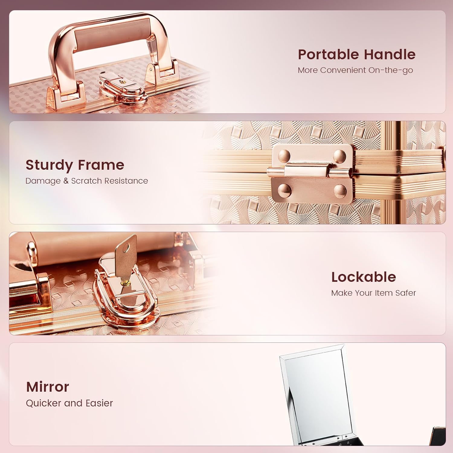 Joligrace Beauty Makeup Train Case for Lady Portable Cosmetic Box Jewelry Organizer Lockable with Keys and Mirror 2-Tier Trays Carrying with Handle Makeup Storage Box - Rose Gold