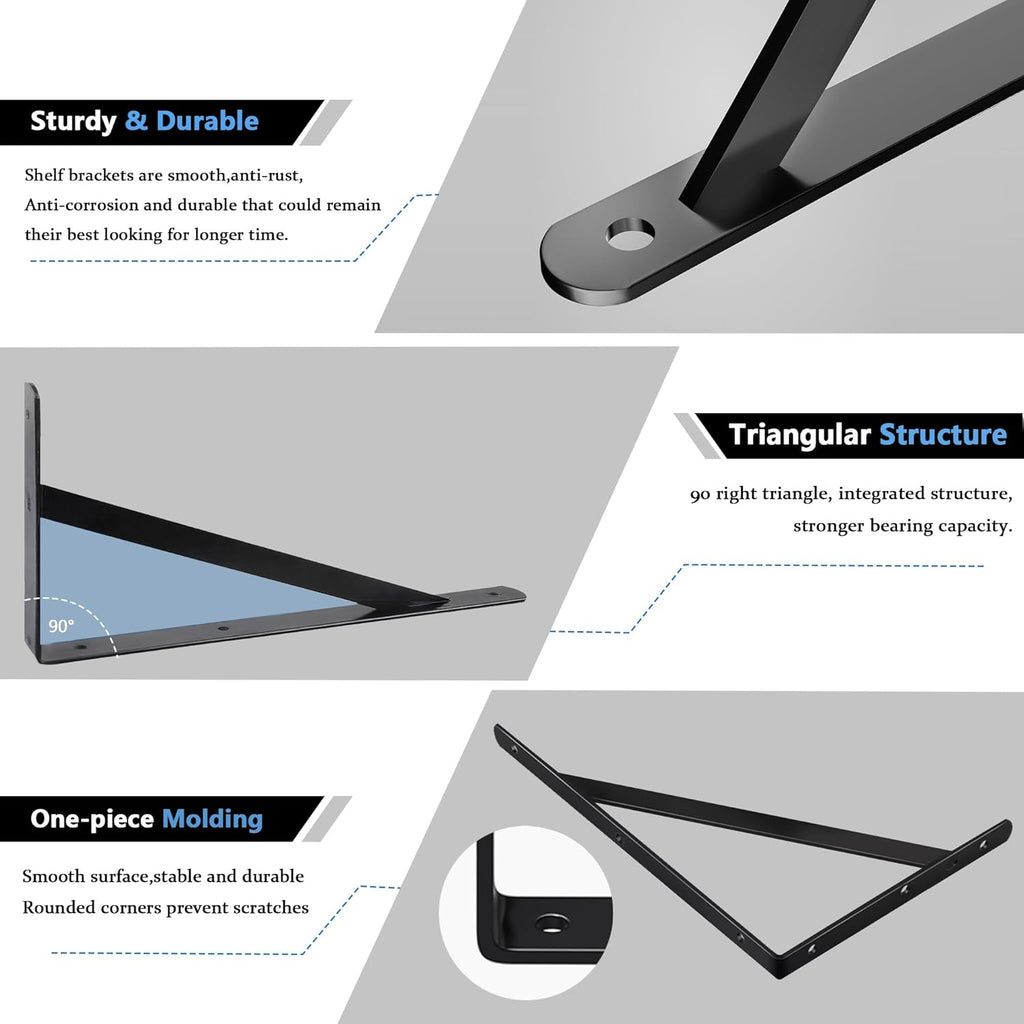 10 Pack L16 x H 10" Heavy Duty Shelf Brackets with Screws Open Floating Shelving Bracket L Brackets Black Metal Shelf Brackets for Shelves, Room, Pantry,Garage
