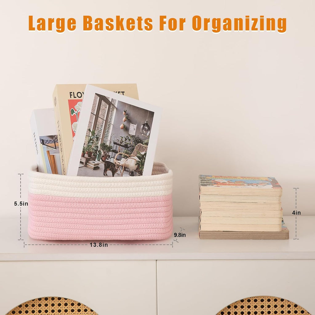 OIAHOMY 4 Pack Storage Baskets for Organizing, Small Bins for Shelves, Cute Decorative Storage Bins, Organizer Baskets for Gifts Empty, 13.8''Lx9.8''Wx5.5''H, Pink/White