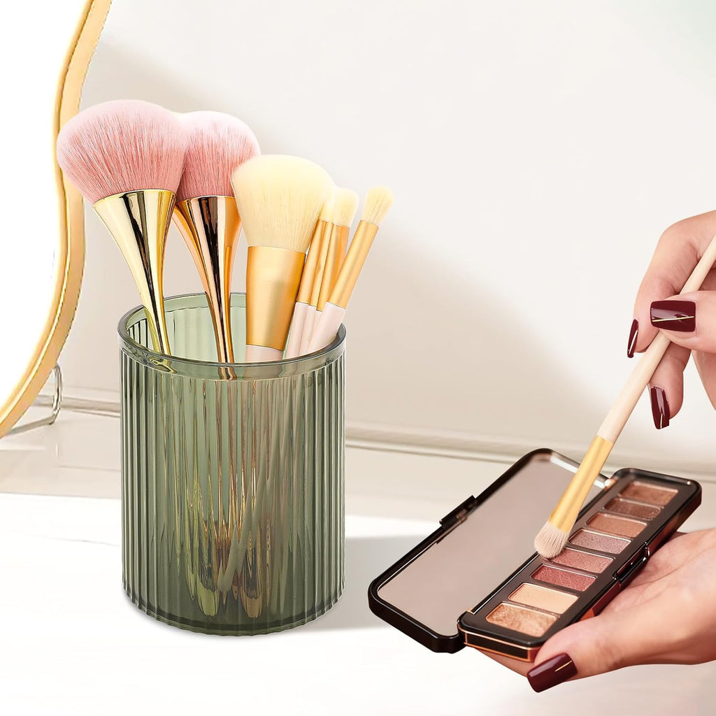 DASITON Makeup Brush Holder Organizer, Acrylic Makeup Brush Cup, Vintage Striped Make Up Brush Holder for Vanity, Bathroom Countertop, Toothbrush Holders, Pen Holder for Desk Storage (Green)