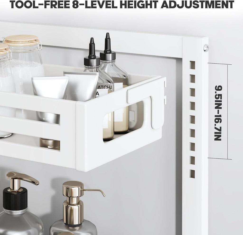1 Pack Under Sink Organizer,Pull Out Cabinet Organizer with Smooth Cylindrical Rail,Metal Slide Out Drawer for Kitchen Bathroom Laundry Cabinet,8-Level Tool Free Height Adjustable-White