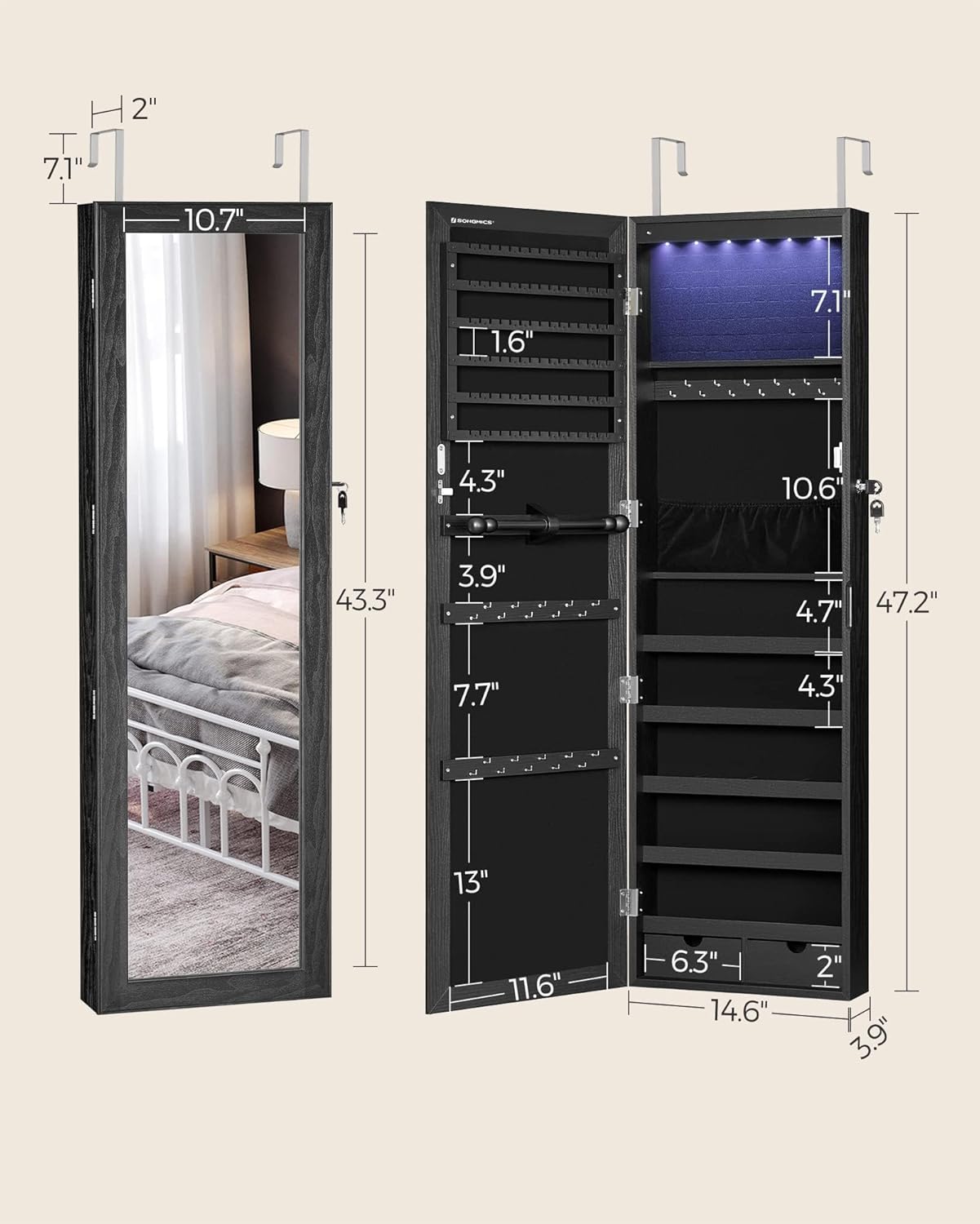 SONGMICS 6 LEDs Mirror Jewelry Cabinet, 47.2-Inch Tall Lockable Wall or Door Mounted Jewelry Armoire Organizer with Mirror, 2 Drawers, Christmas Gift, 3.9 x 14.6 x 47.2 Inches, Black