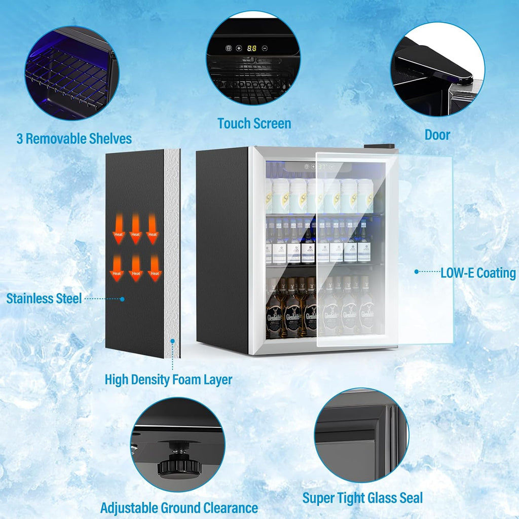 1.6 Cubic Feet Mini Fridge, 70 Can Freestanding Beverage Refrigerator with Glass Front Door for Soda, Beer Under Counter Small Refrigerator with Adjustable Shelves and Digital Display(Silver)