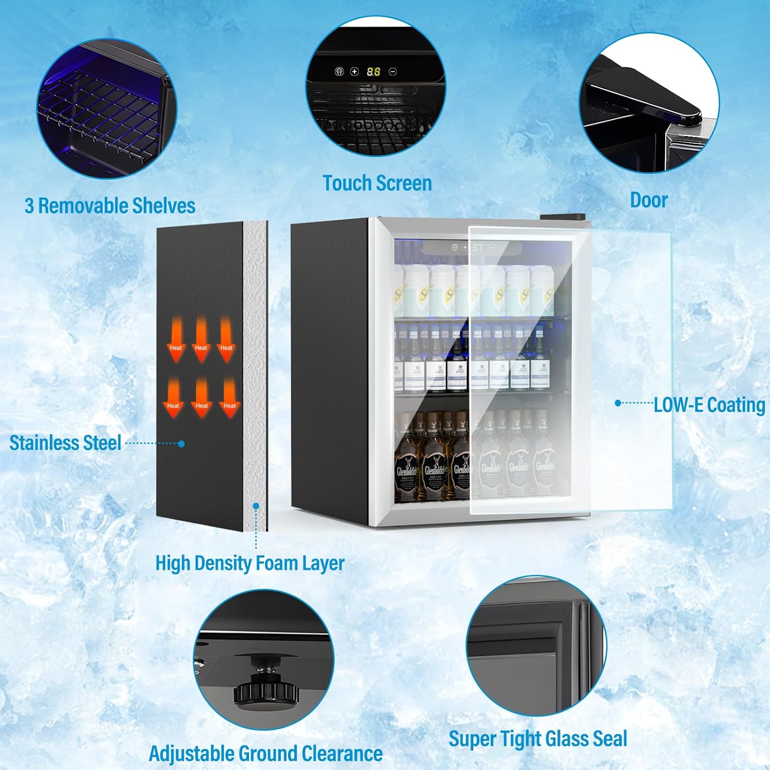 1.6 Cubic Feet Mini Fridge, 70 Can Freestanding Beverage Refrigerator with Glass Front Door for Soda, Beer Under Counter Small Refrigerator with Adjustable Shelves and Digital Display(Silver)