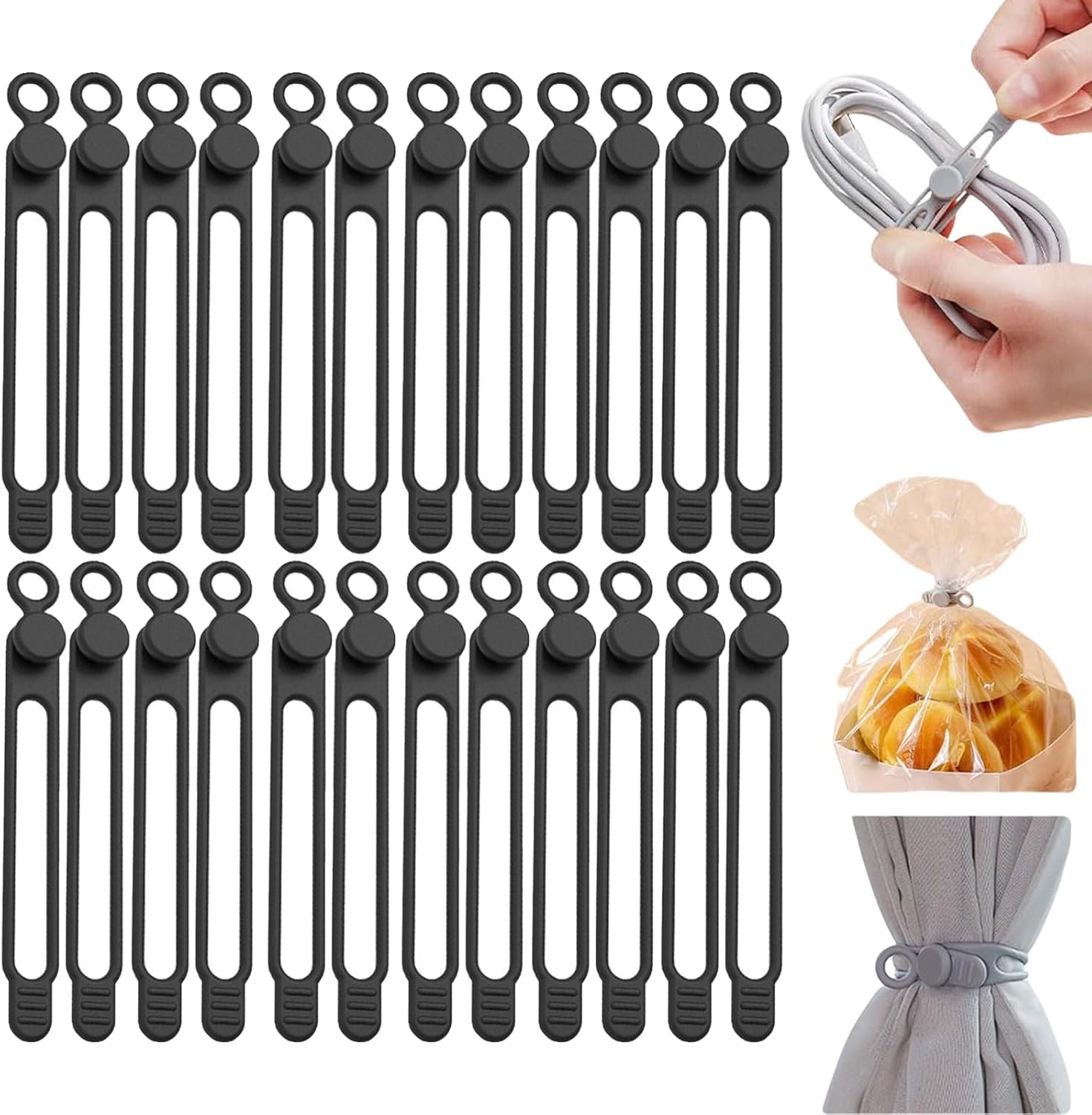 Data Cable Organizer, Silicone Cable Ties Reusable - Elastic Cord Organizer for Electronics, Adjustable Wire Ties for Cable Management,Computer Wires,Phone Charger,Earphone,Home Office (Black, 10PCS)