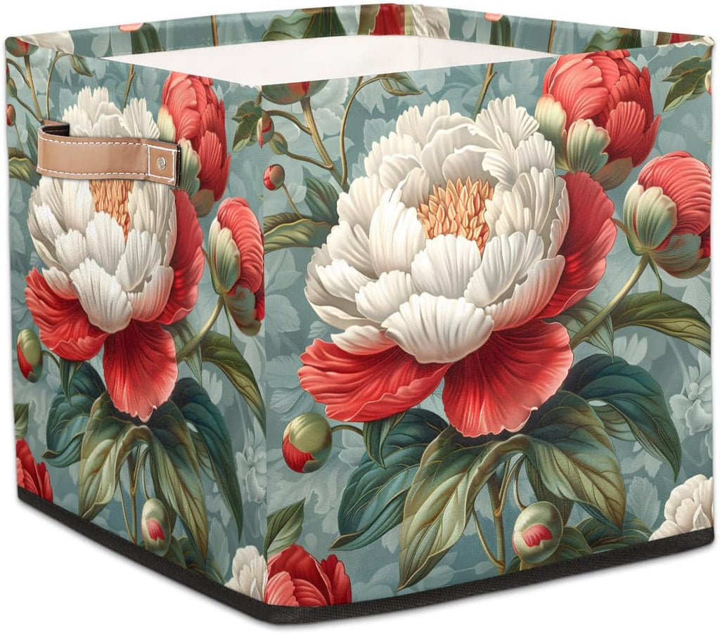 TropicalLife 13x13x13 Inch Large Fabric Storage Cube Retro Rose Foldable Storage Bin with Handles Organizer Boxes Cube Basket for Shelves Organizing Closet