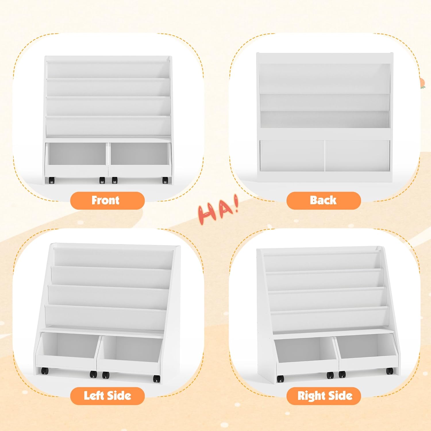 Kids Bookshelf with Two Movable Drawers Toddler Bookcase with Toy Storage Organizer Child Sling Book Rack Baby Cabinet Chest with Wheels for Nursery,Playroom,Bedroom,Living Room,Classroom