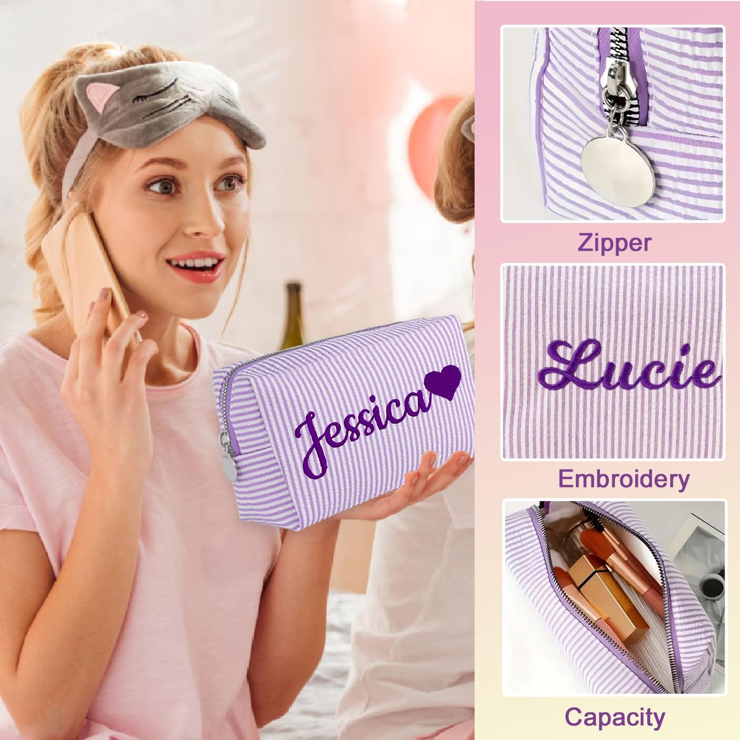 Personalized Seersucker Makeup Bag with Embroidered Name&Birth Flower,Custom Small Travel Cosmetic Bag Toiletry Bag Wedding Gifts for Bridesmaid Bride (3-Makeup Bag with Heart)