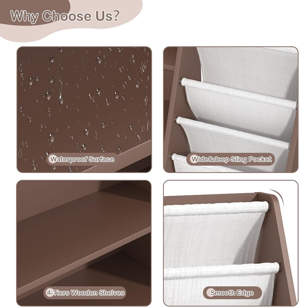 Kids Bookshelf Toy Storage Organizer 4-Tier Wood Book Rack Toddler Bookcase Baby Book Toy Display Shelf 5 Sling Bookshelf for Playroom Bedroom Nursery Classroom Church Espresso