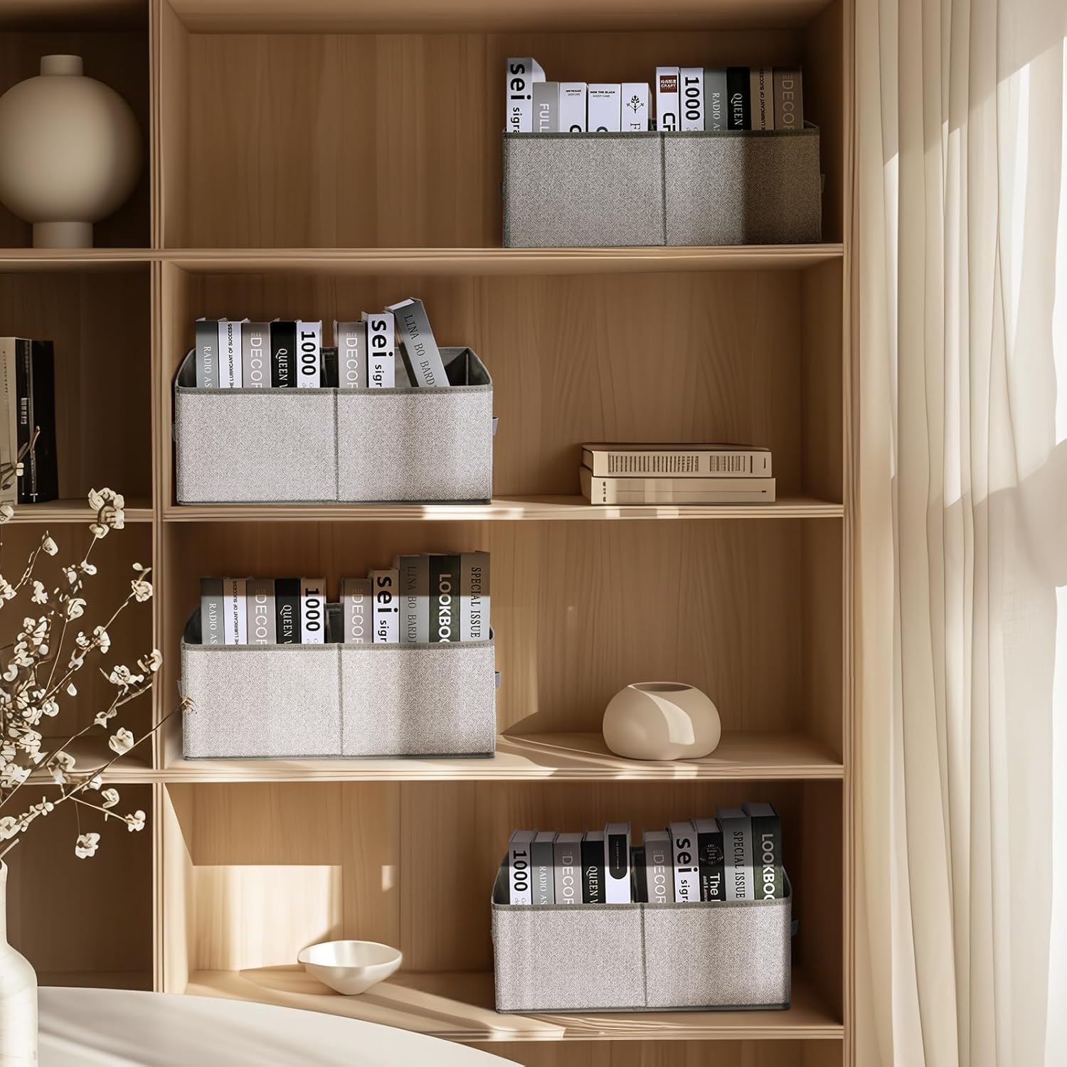 DIMJ Closet Storage Bins, 5 Pack Storage Baskets for Shelves, Foldable Closet Organizer with Handle, Linen Closet Organizers and Storage for Clothes, Toys, Towel, Books (Grey)