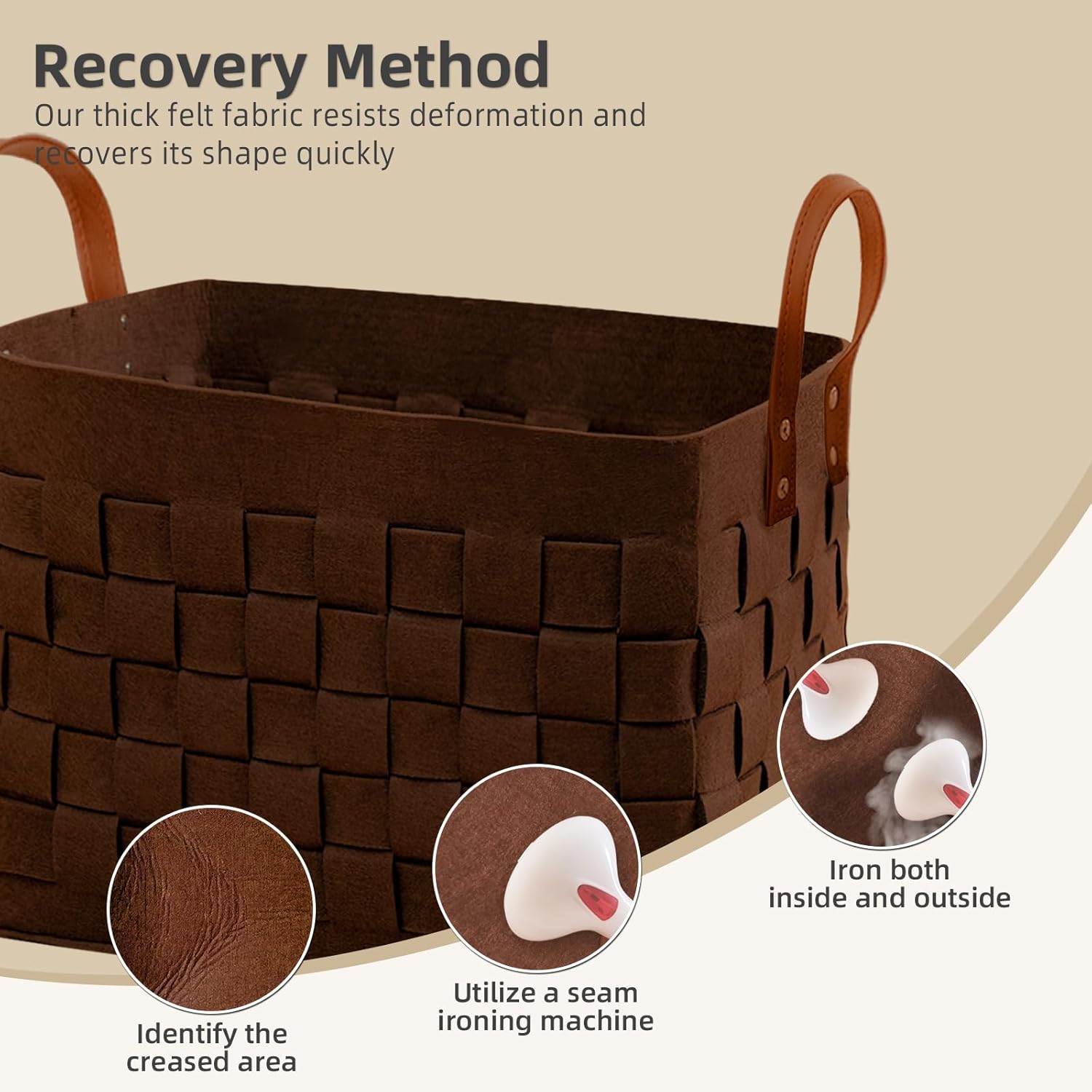 boldmonkey Laundry Basket 16.5 " x13 x13 , Large Rectangular Felt Fabric Blanket Basket with Leather Handle, Dirt Clothes Laundry Hamper for Babies, Dogs and Living Room-Brown