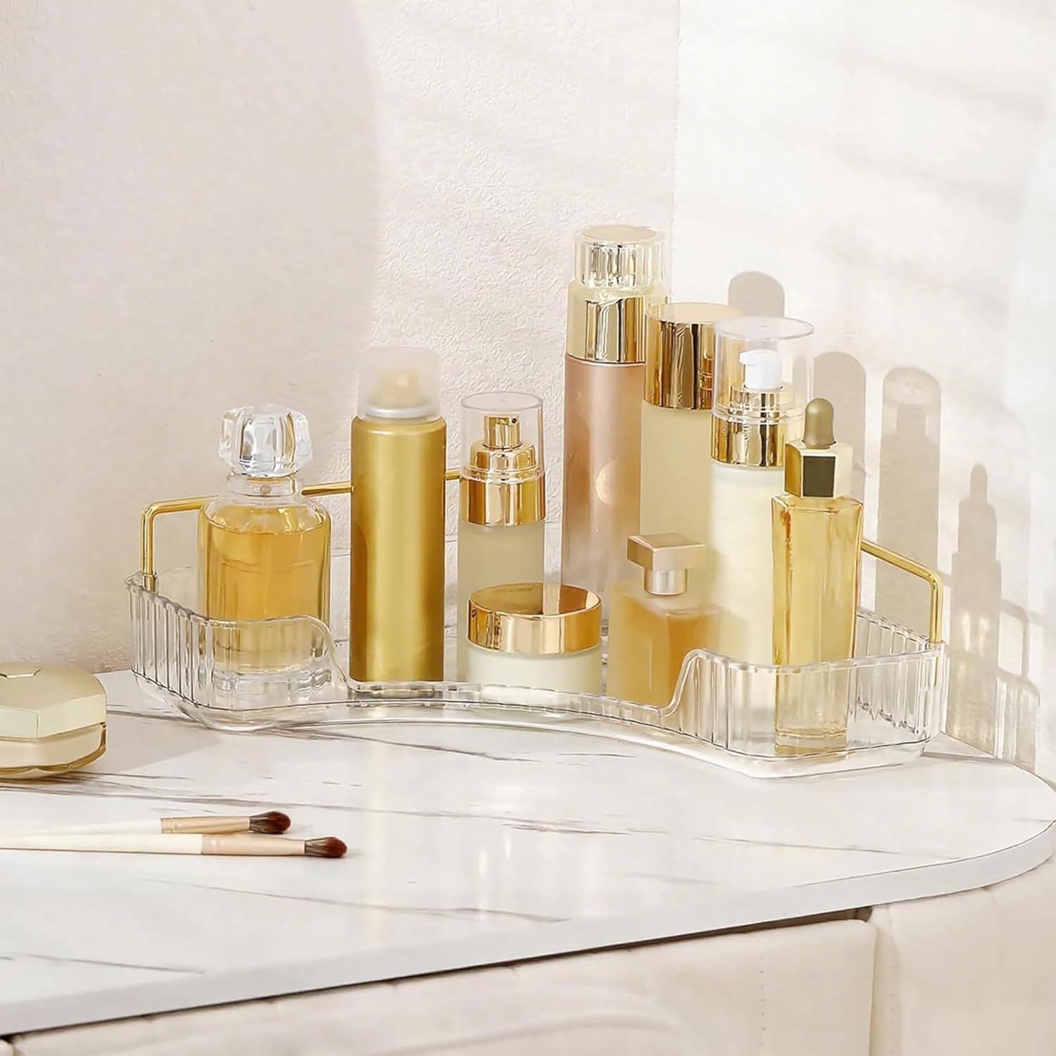 Corner Bathroom Countertop Organizer, Vanity Organizer Trays for Counter, Makeup Organizers, Perfume Tray, Skincare Shelf Storage Gifts for Women Girl Student (Clear, 1 Tier)