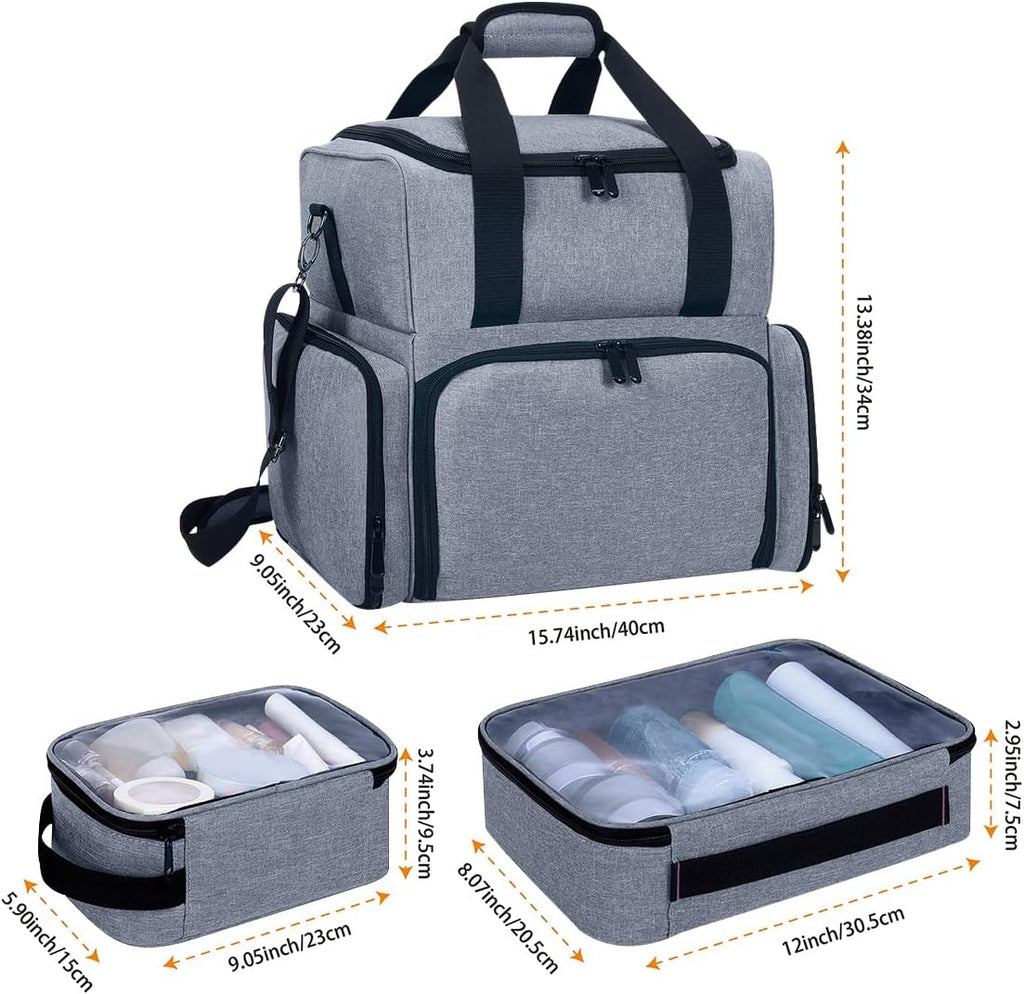 Large Makeup Cosmetic Bag with 3 Removable Case and 2 Removable Dividers Double Layer Travel Storage Organizer, Makeup Brushes Storage Section Grey