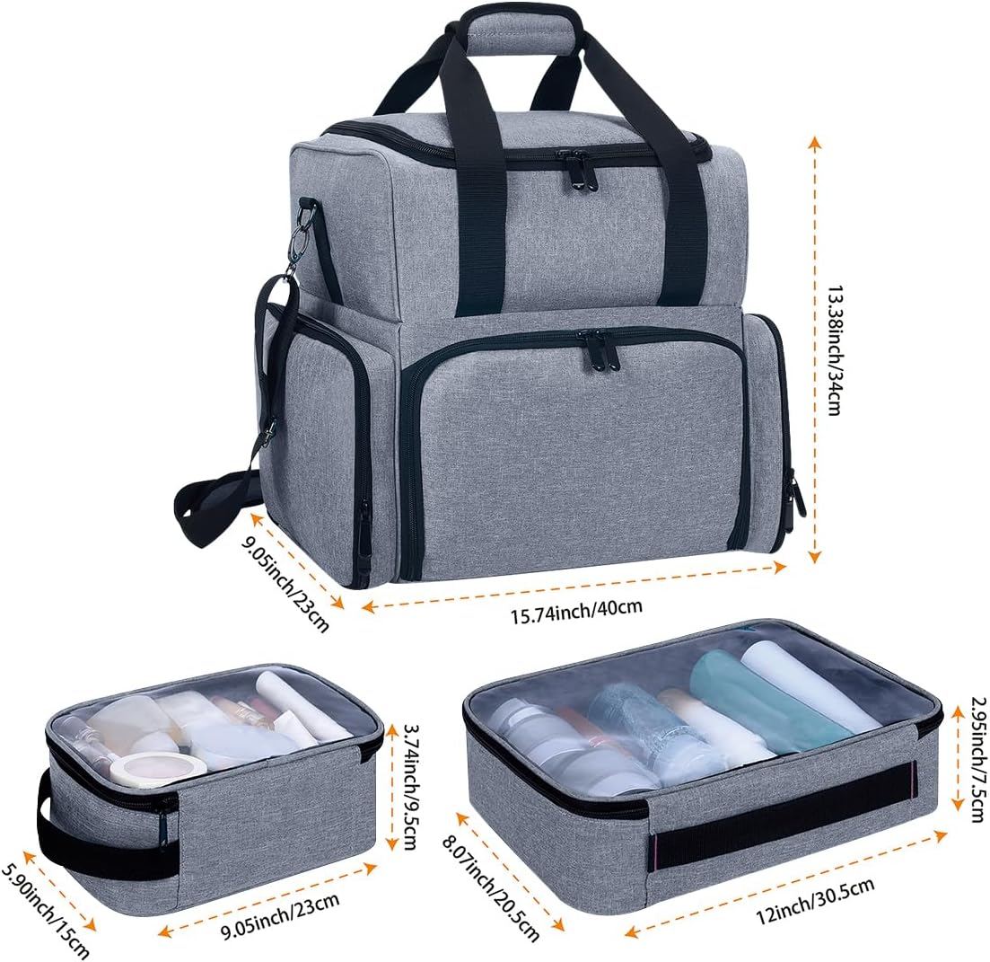 Large Makeup Cosmetic Bag with 3 Removable Case and 2 Removable Dividers Double Layer Travel Storage Organizer, Makeup Brushes Storage Section Grey