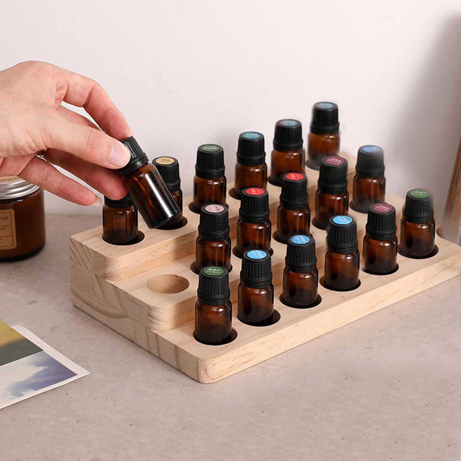 2 Pack Solid Wood Essential Oil Organizer 3-Tier Display Stand Holder Essential Oils Racks Tabletop Storage Rack for 5-20ml Bottles Perfumes and Nail Polish Compact Shelf