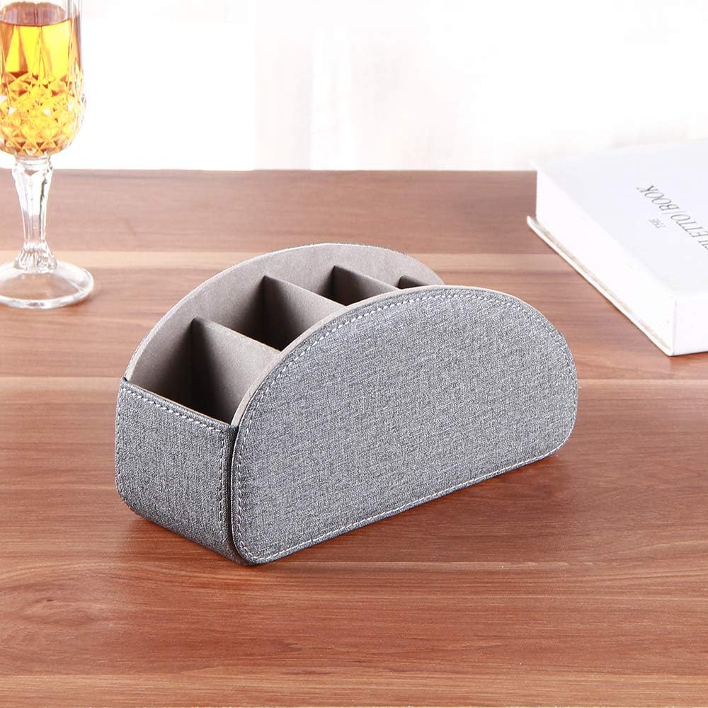 TV Remote Control Holder with 5 Compartments,Pu Leather Remote Caddy/Box/Tray Nightstand Desktop Storage Organizer Store DVD,Blu-Ray,Media Player,Heater Controllers and Makeup Office Supplies Grey