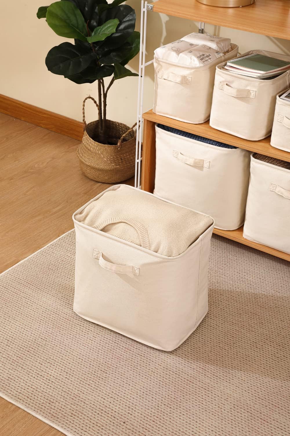 Decorative Basket Rectangular Fabric Storage Bin Organizer Basket with Handles for Clothes Storage (11.6 x 8 x 7.8, Beige)