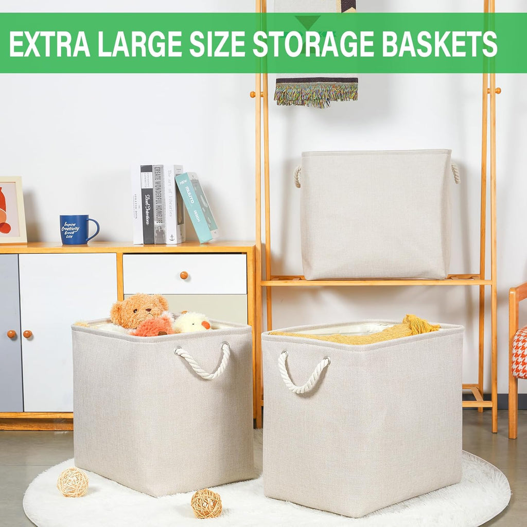 Bidtakay Extra Large Storage Baskets for Organizing Clothes Storage Bins 3 Pack Fabric Storage Bins for Shelves Linen Collapsible Organizer for Closet-Light Biege