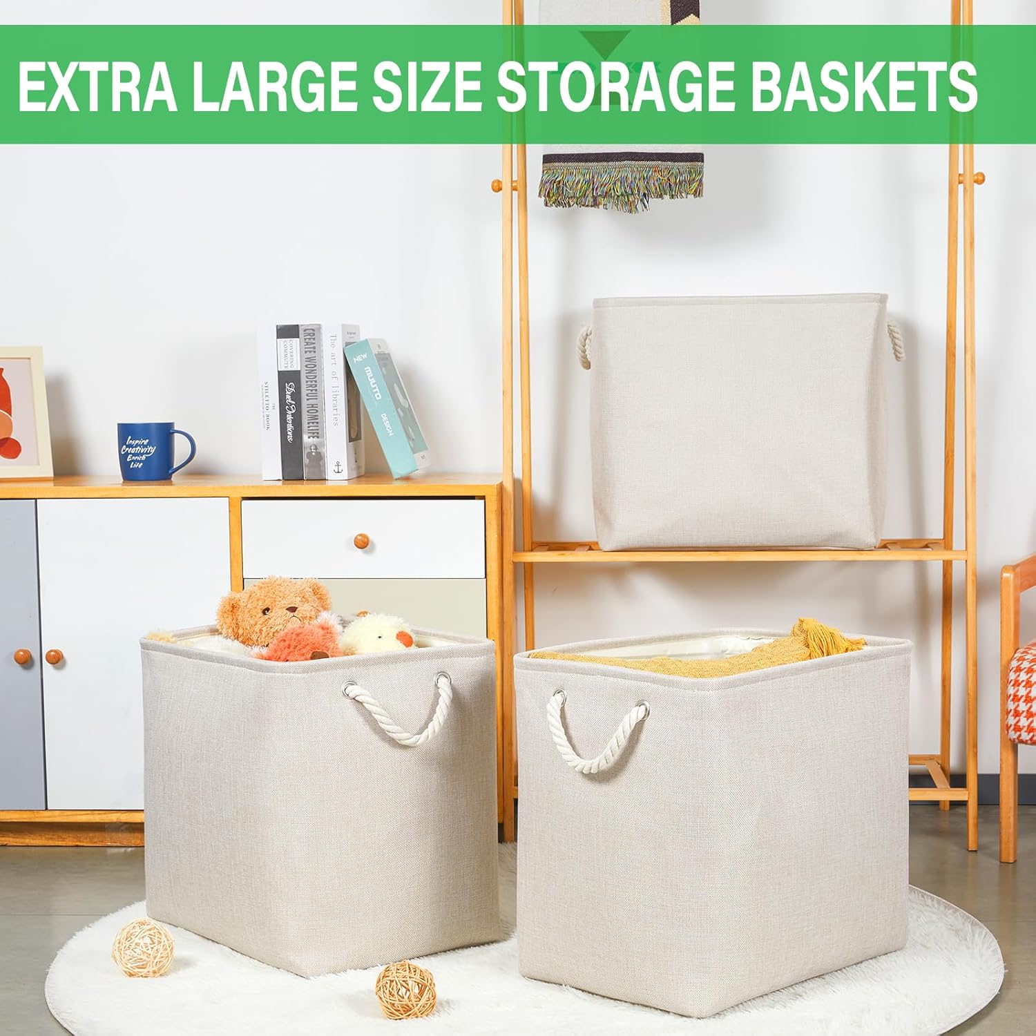Bidtakay Extra Large Storage Baskets for Organizing Clothes Storage Bins 3 Pack Fabric Storage Bins for Shelves Linen Collapsible Organizer for Closet-Light Biege