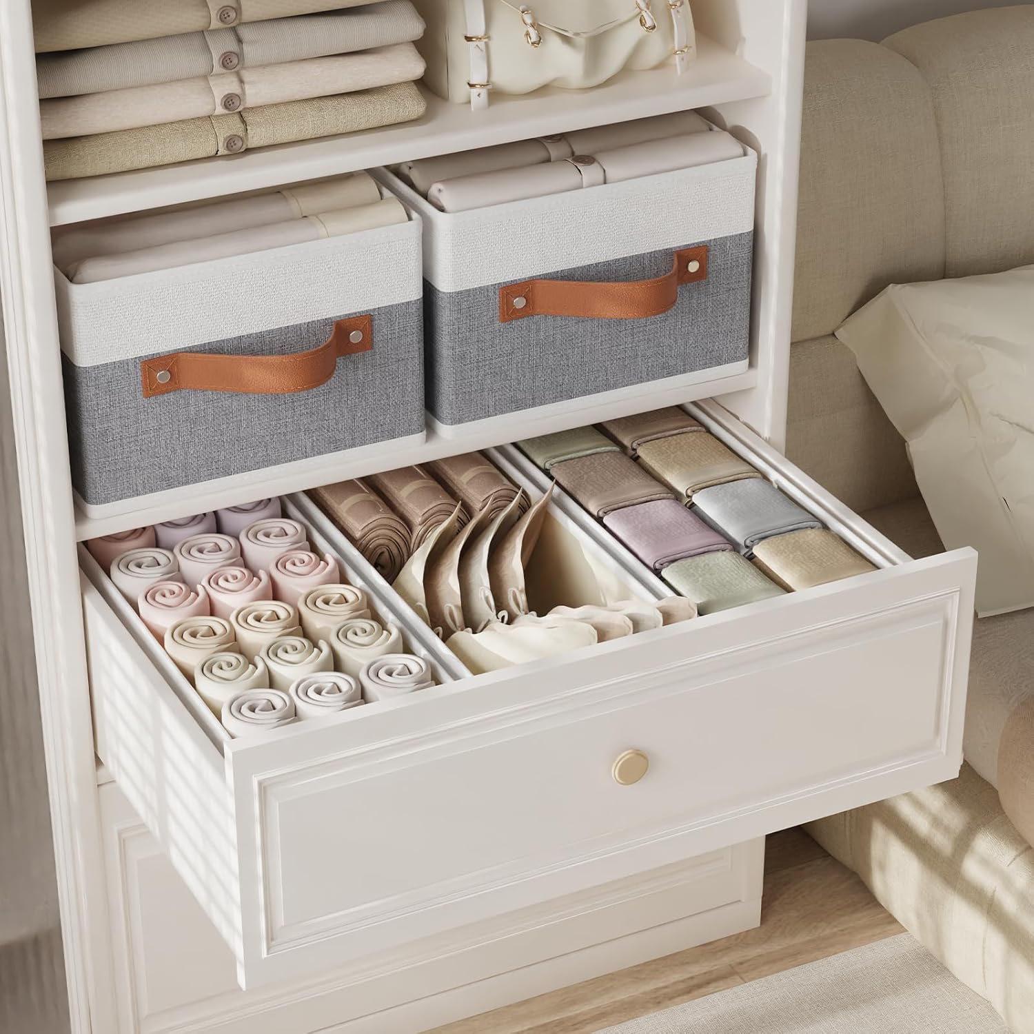 OUTBROS Storage Bins, Foldable Storage Baskets for Organizing, Fabric Storage Boxes With Handles,For bedrooms, living rooms, Shelves, Gray/White, 16.1x6.5x9.8 inch, 3-Pack