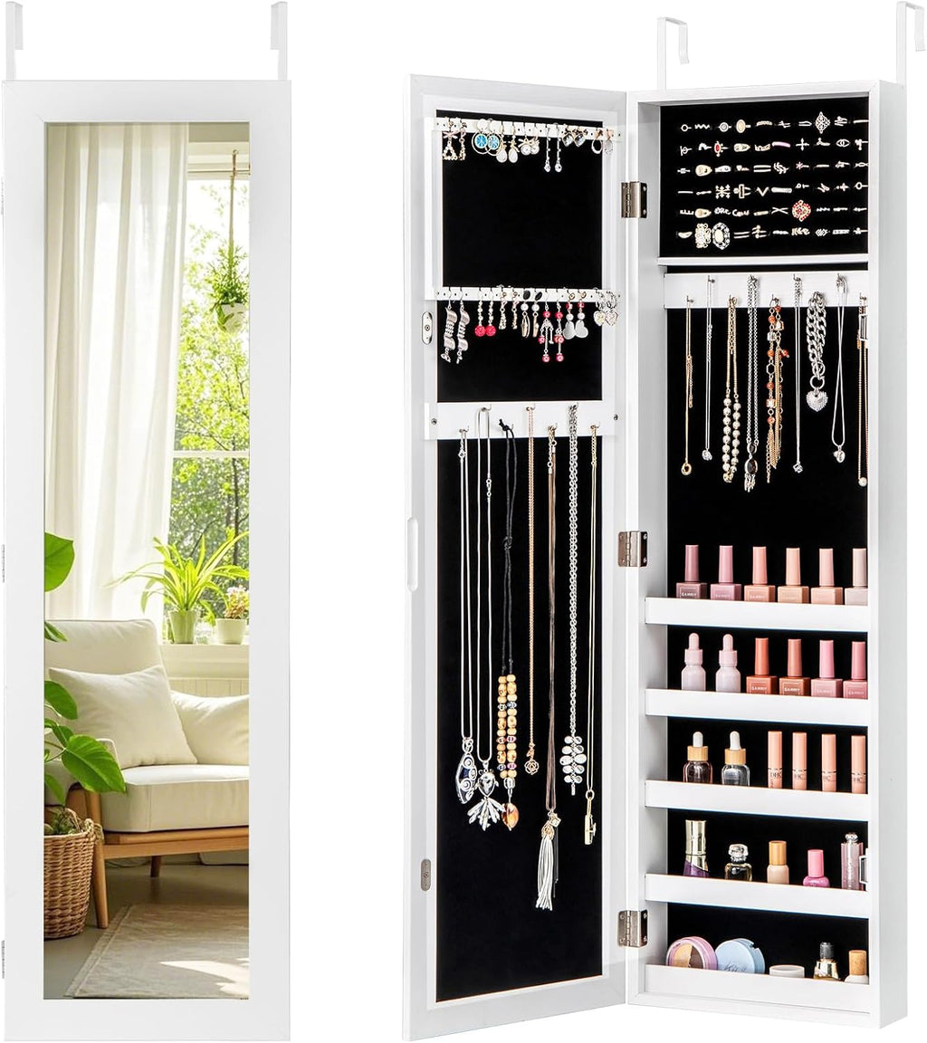 Giantex Wall or Door Mounted Jewelry Cabinet with Full Length Mirror, Over The Door Jewelry Armoire Organizer, Hanging Storage Cabinet with Necklace Hooks, Earring Slots, Ring Slots & Shelves (White)