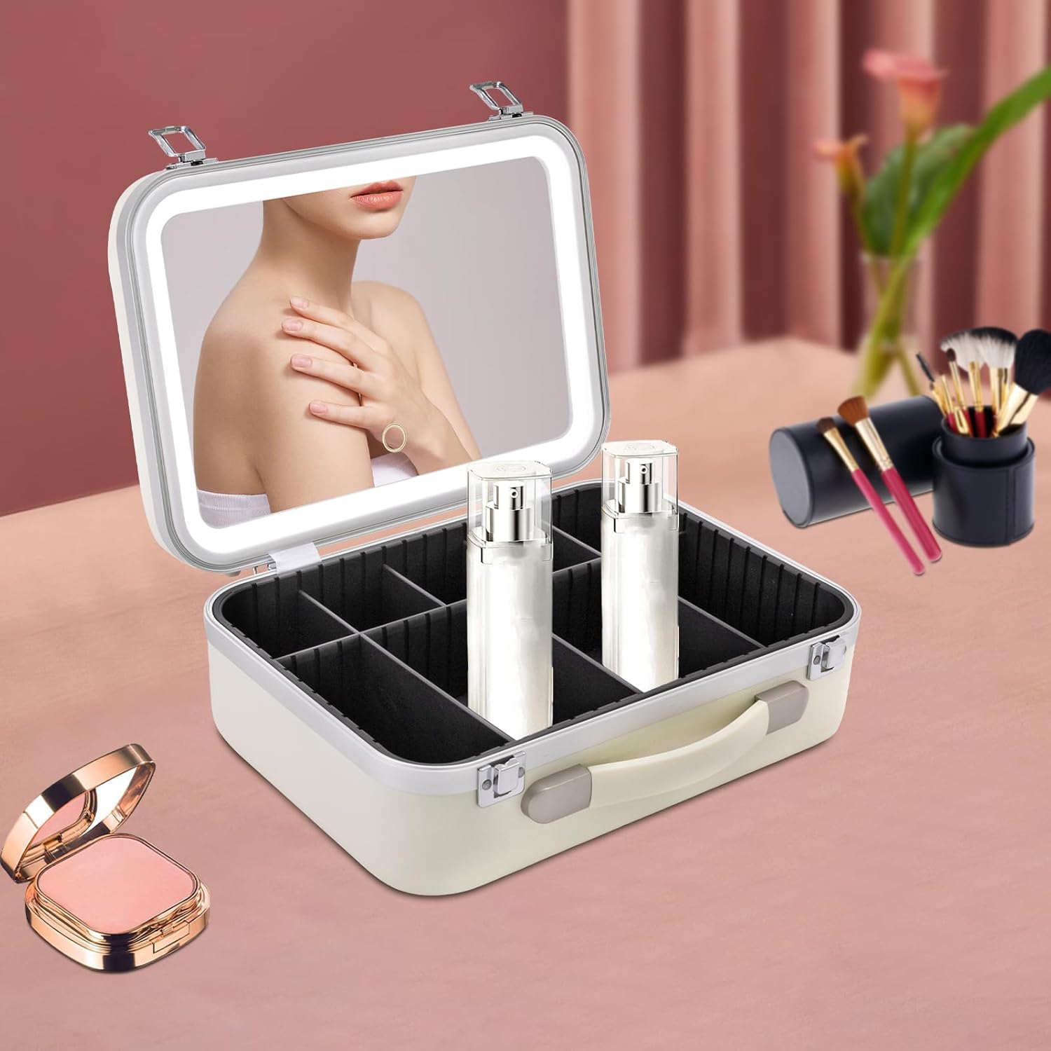 White Rectangular Makeup Case with Mirror, Travel Makeup Bag with Adjustable LED Light in 3 Colors, Portable Train Suitcase for All Kinds of Cosmetics