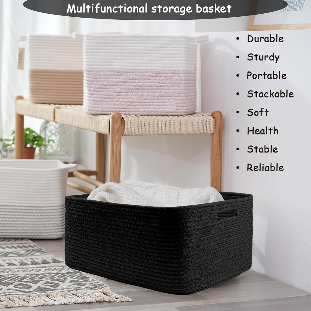 COMFY-HOMI 3 pcs Large Storage Baskets for Shelves, Laundry Basket, Woven Rope Basket, Closet Organizer Bins for Clothes Blanket Towels, Baby Nursery, Gift Toy Baskets, 17” x 13” x 7.5”-Black