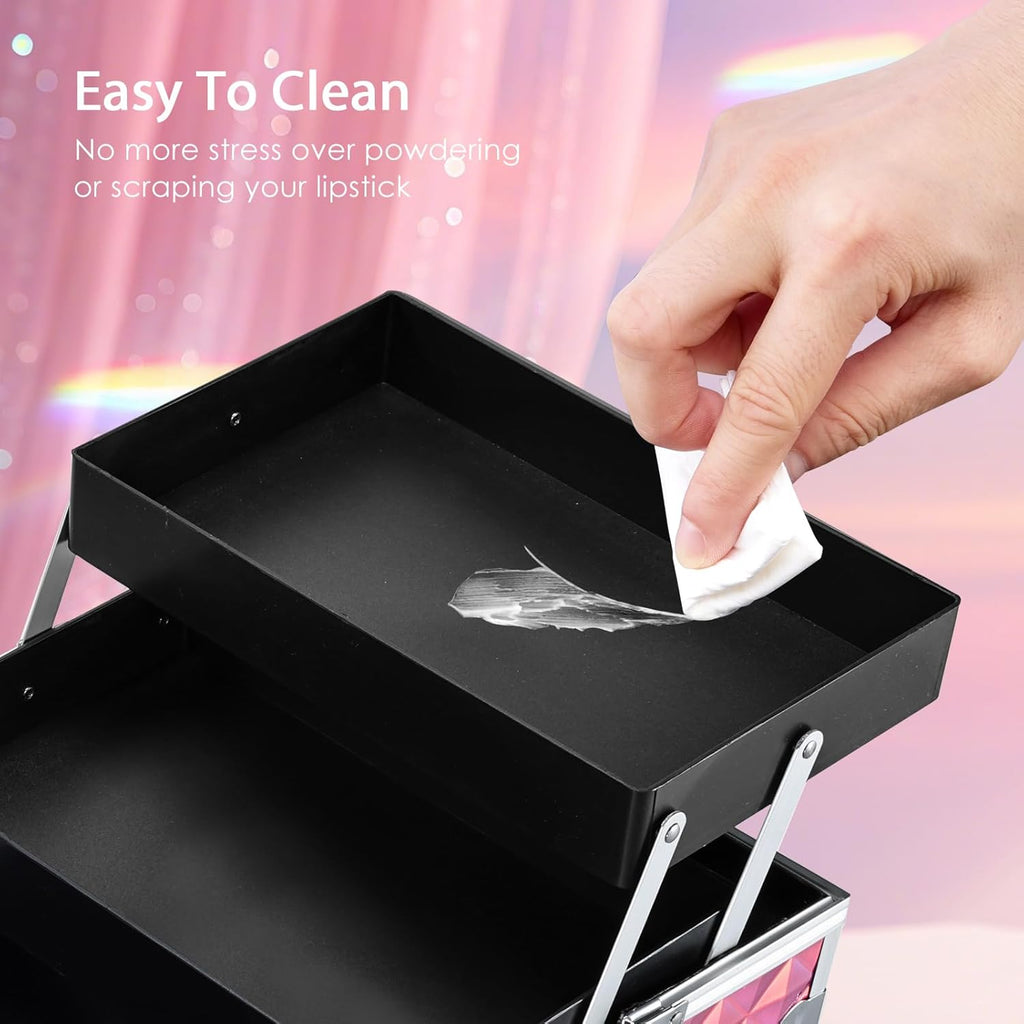 Makeup Case with Lighted Mirror Travel Makeup Organizer Box 2 Trays Lockable Cosmetic Train Case with Movable LED Mirror for Girls Make Up Nail Kits Sewing Vanity Storage Case Shiny Pink