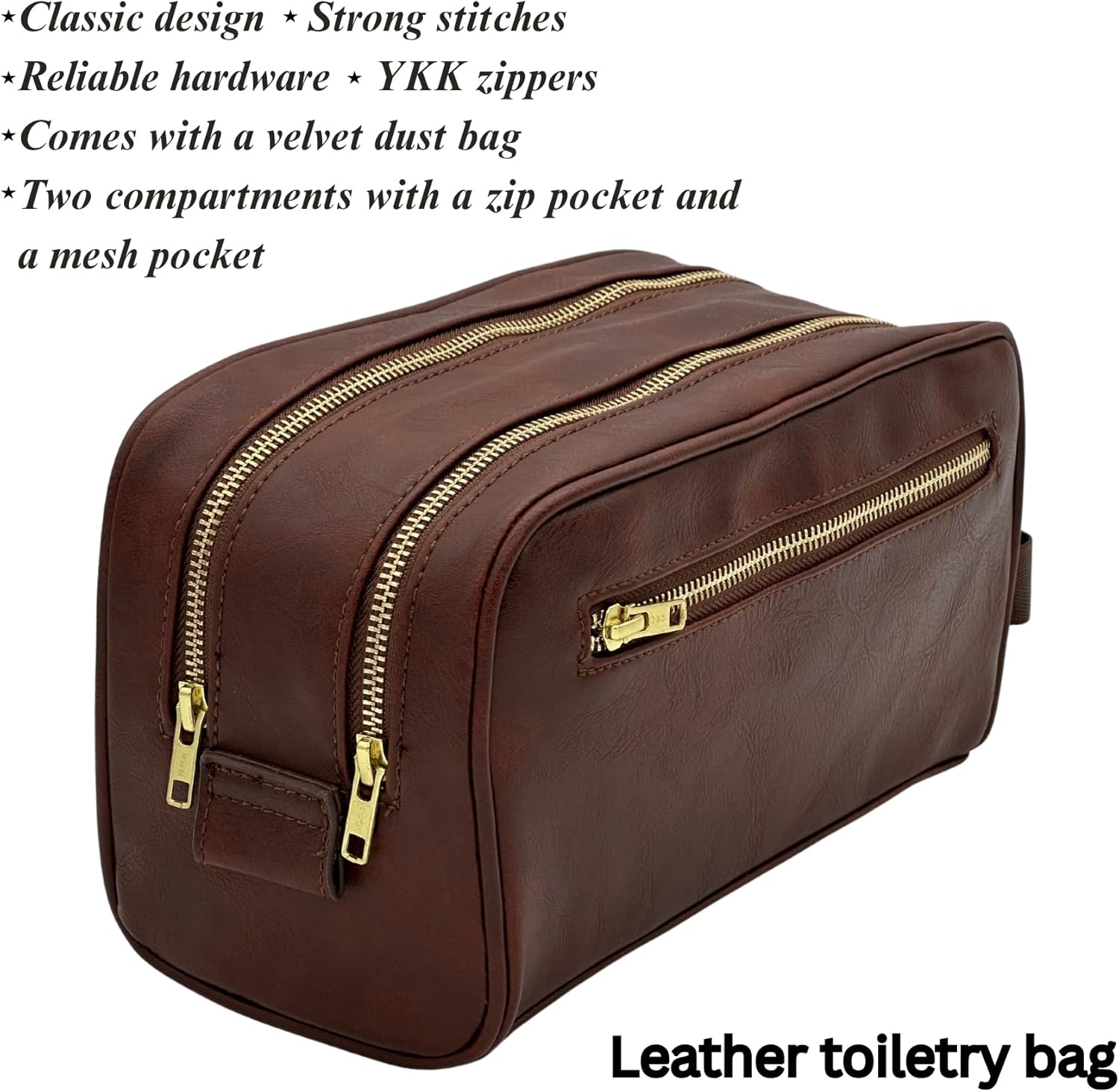 Dopp Gift Large Travel Toiletry Bag Premium Quality PU Leather Two compartments YKK Zippers Water-resistant Bottom Studs Mesh Pockets Durable Cosmetic Organizer DARK BROWN