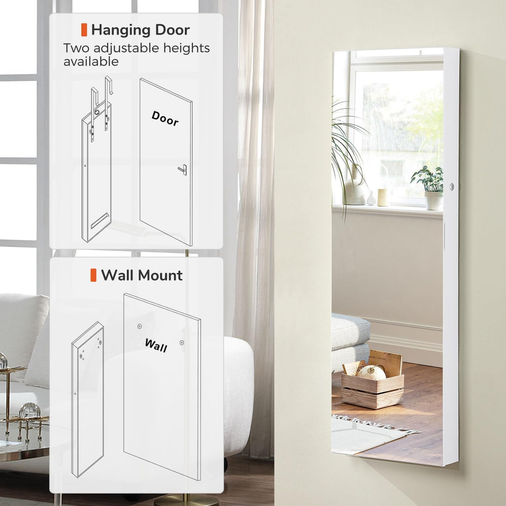 GISSAR Full Length Mirror Jewelry Cabinet, 6 LEDs Jewelry Armoire Wall Mounted Over The Door Hanging, Jewelry Organizer Storage with Lights Lockable, White Surface with Beige Lining, 14.6" x 47.2"