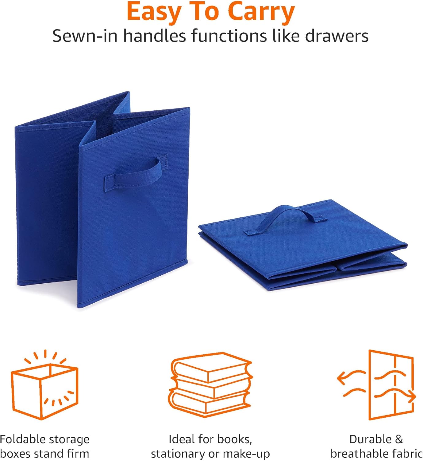 Amazon Basics Cube Organizer Storage Bins Handles, Collapsible Fabric, Pack of 6, 10.5"x10.5"x11", Navy