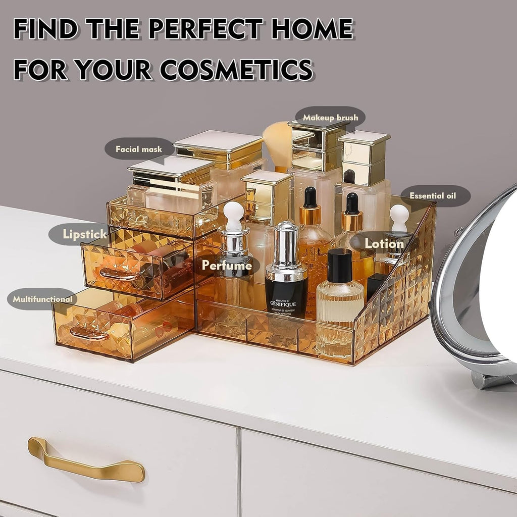 Clear Makeup Organizer for Vanity,Desk Makeup Caddy With Drawers for Cosmetics,Lipsticks Nail Care Skincare Jewelry Countertop Organizers,Cosmetic Display Cases for Bathroom, Dresser (Amber)