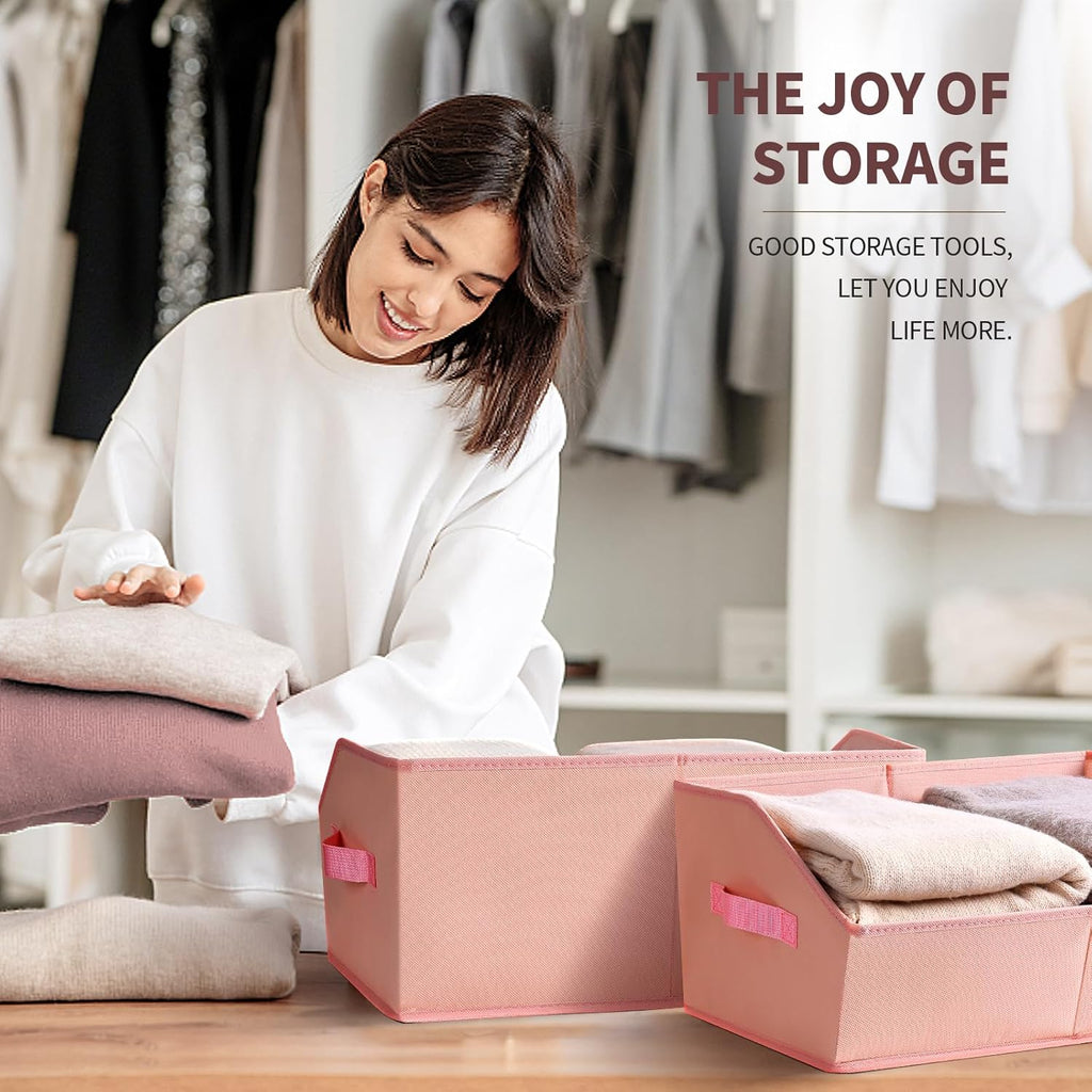 Closet Baskets for Shelves Trapezoid - Decorative Storage Baskets with Handle, Closet Bins for Organization, Shelf Storage Bins for Clothes, Books, Home, Office, 3 Pack, Pink