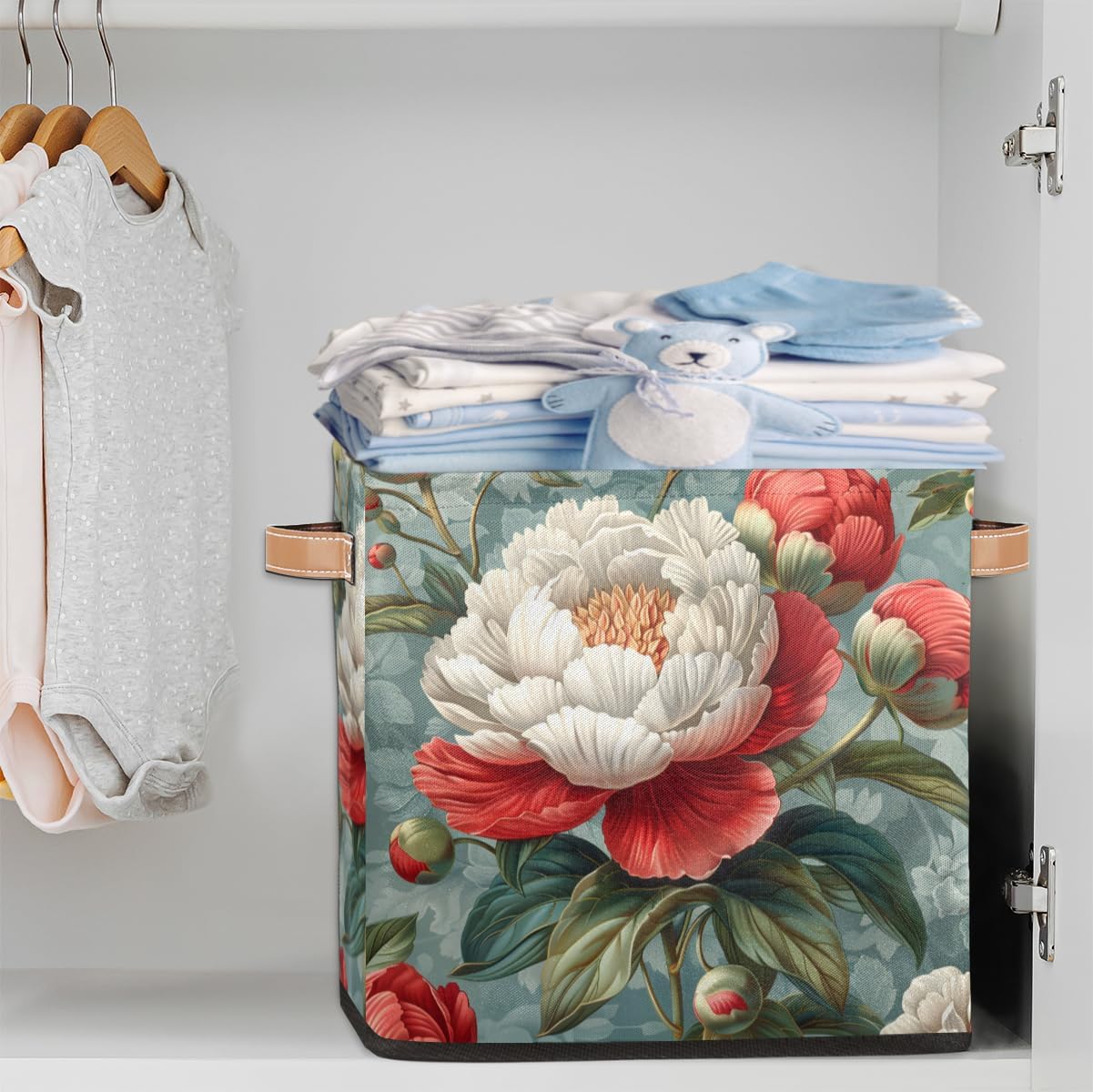 TropicalLife 13x13x13 Inch Large Fabric Storage Cube Retro Rose Foldable Storage Bin with Handles Organizer Boxes Cube Basket for Shelves Organizing Closet