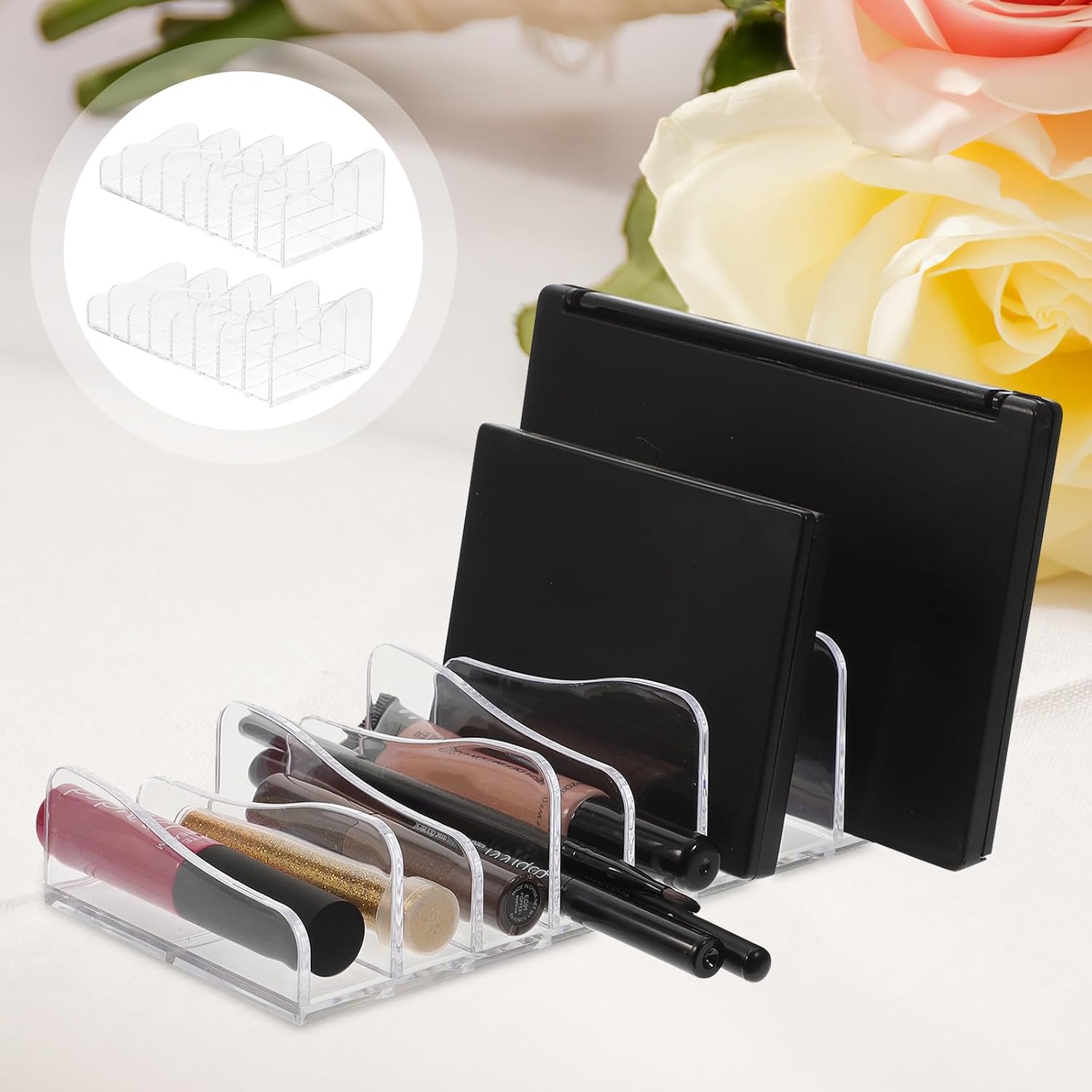 2pcs Divided Eyeshadow Palettes Organizer Stand Makeup Storage Rack for Cosmetics Lipstick Nail Polish and Brush Holder Vertical Display for Vanity and Dressing Table