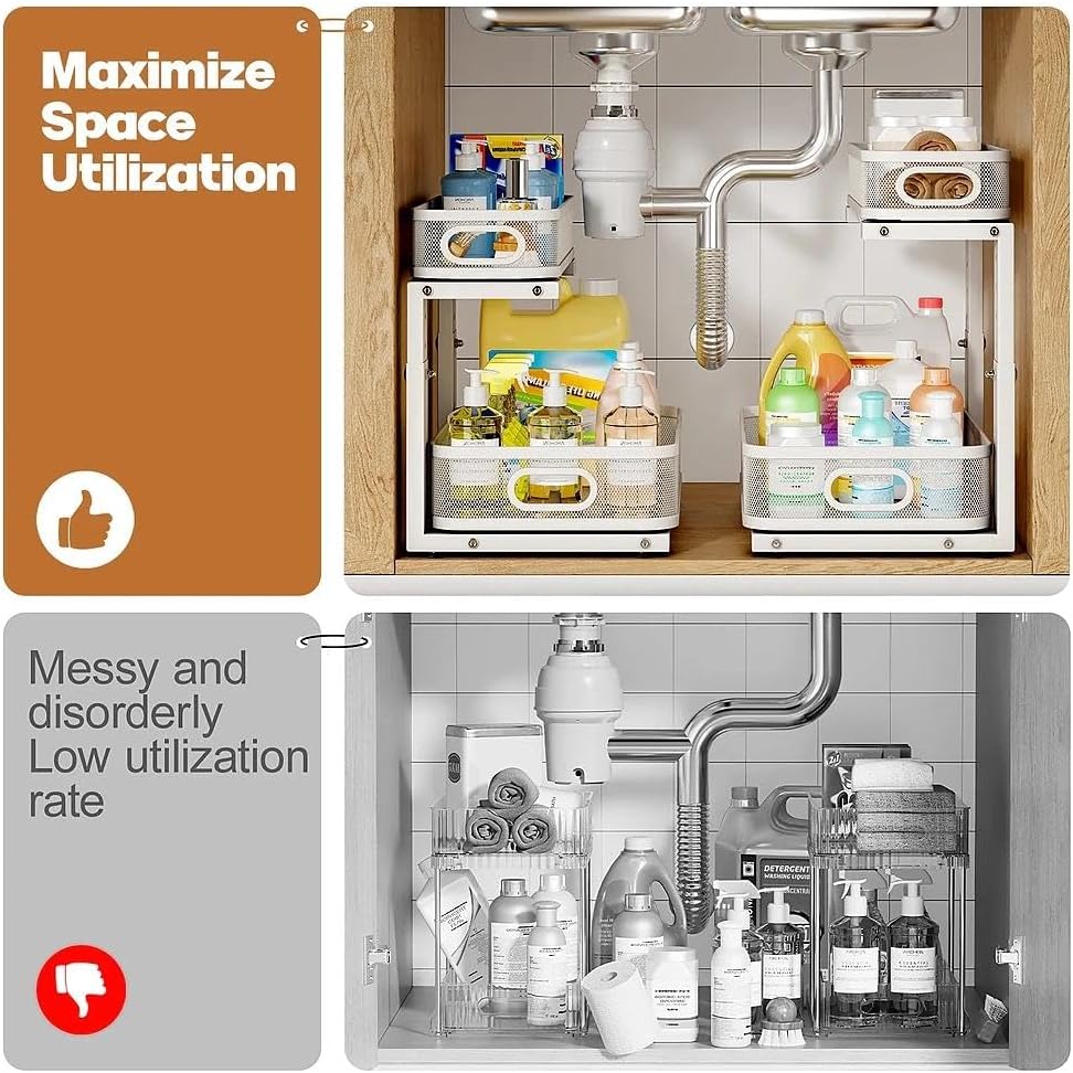 1 Pack 15.7IN-Depth Under Sink Organizer With Smooth Cylindrical Rail,2-Tier Pull Out Multi-Purpose Cabinet Storage for Bathroom&Kitchen,Height Adjustable,Rust-resistant Coating-White