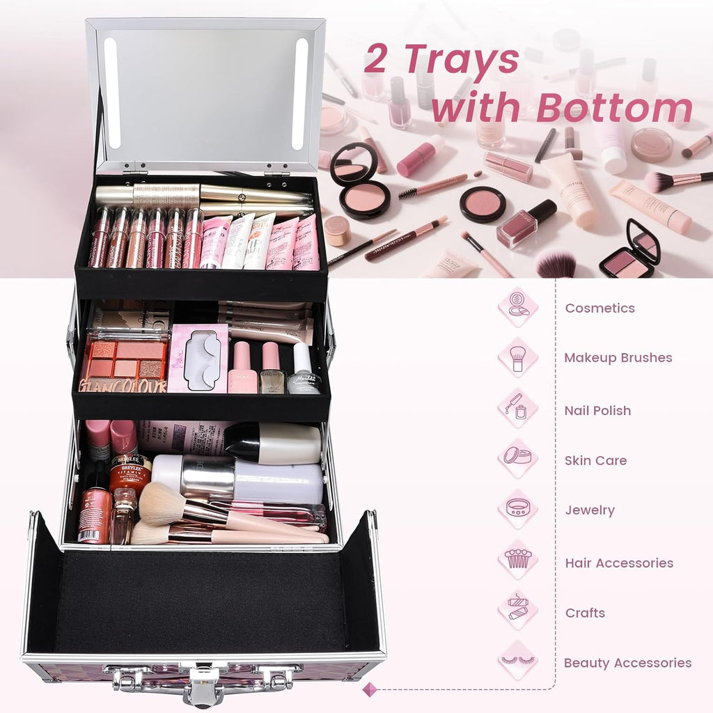 Makeup Case with Lighted Mirror Travel Makeup Organizer Box 2 Trays Lockable Cosmetic Train Case with LED Mirror for Make Up Nail Kits Sewing Vanity Storage Case Glossy Pink