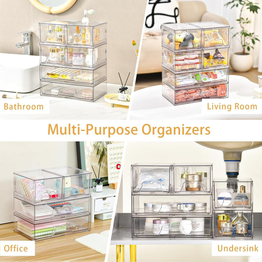 Stackable Makeup Organizer Storage Drawers Set of 6, Clear Plastic Organizer Bins for Beauty Supplies,Ideal for Vanity, Bathroom,Cabinet,Pantry Organization (2Long 4 Short)