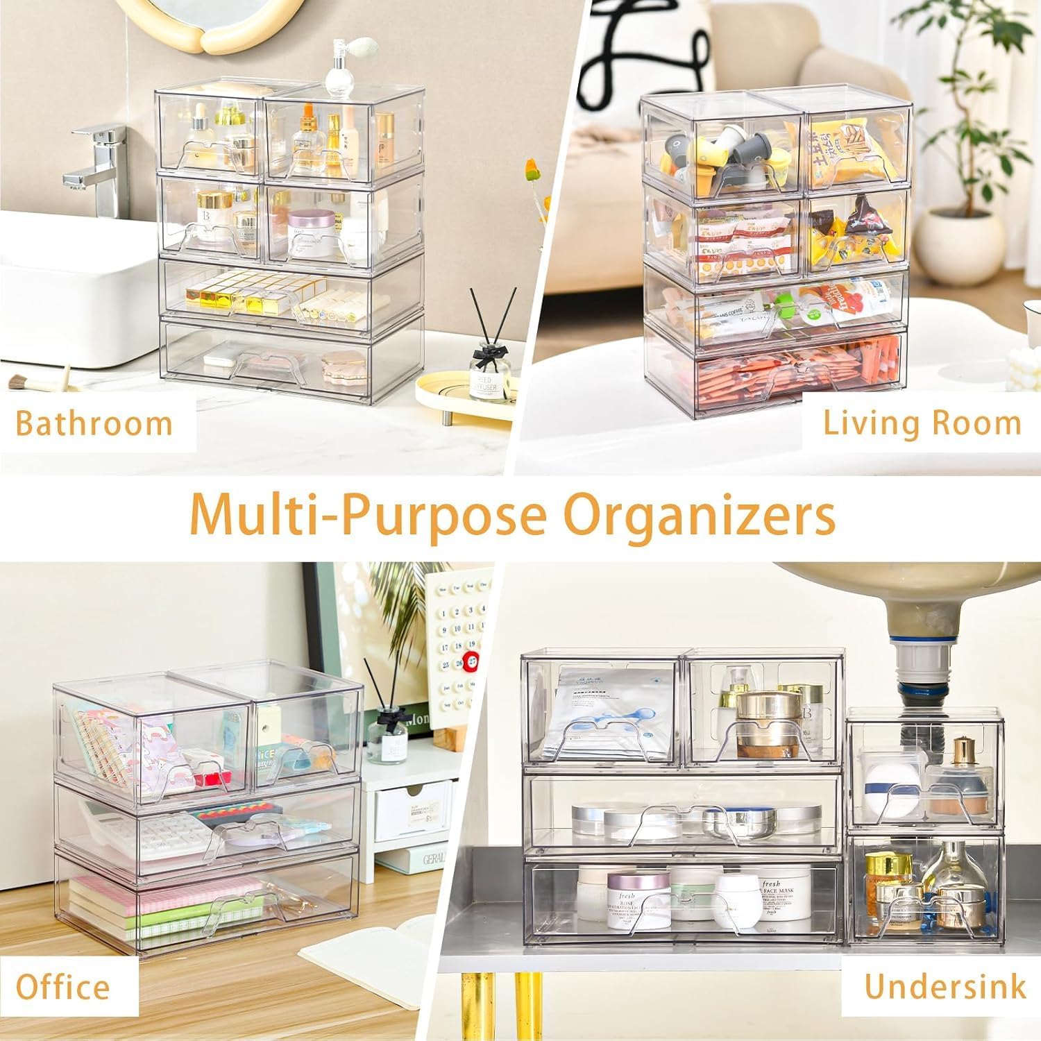 Stackable Makeup Organizer Storage Drawers Set of 6, Clear Plastic Organizer Bins for Beauty Supplies,Ideal for Vanity, Bathroom,Cabinet,Pantry Organization (2Long 4 Short)