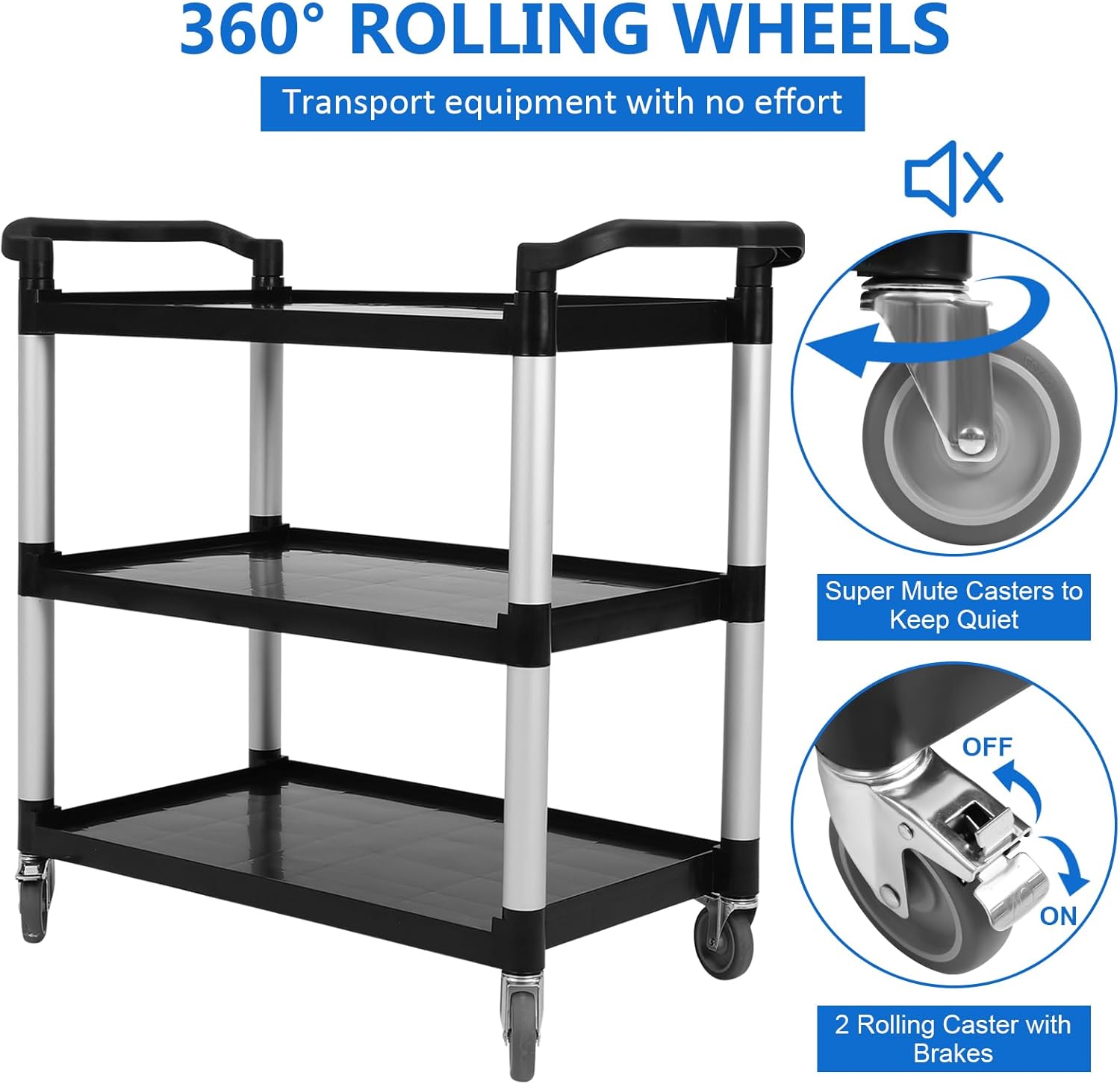 3-Tier Heavy Duty Utility Cart with Wheels, 43" Lx 21" W x 38" H, Durable Rolling Cart for Restaurant, Office, Kitchen, and Warehouse Use, Lockable 360° Swivel Casters Service Cart, Black