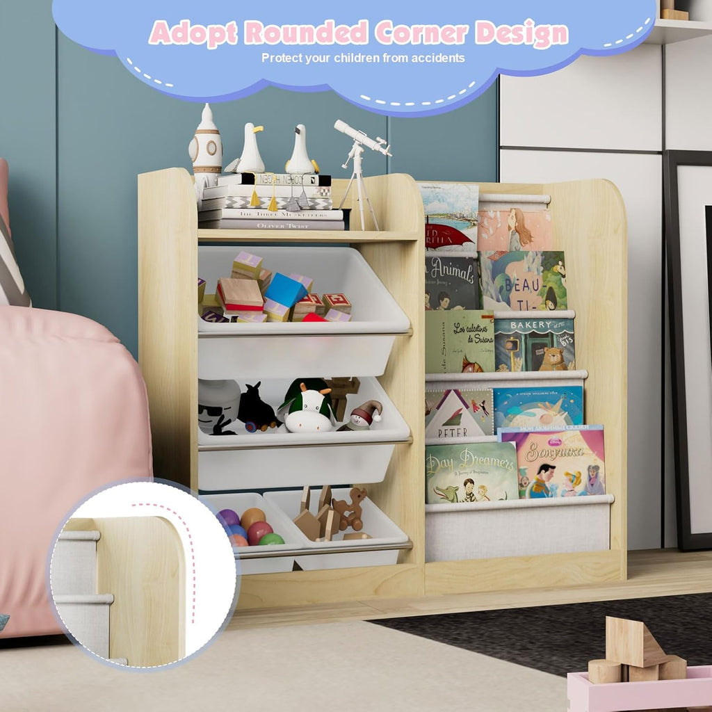 Natural Kids Wood Bookshelf Toy Storage Box Organizer Shelf W/4 Removable Plastic Toy Bins Children Bookcase Toddler Baby Sling Book Rack Cabinet Chest Girl Boy Gift Playroom Classroom Bedroom Nursery