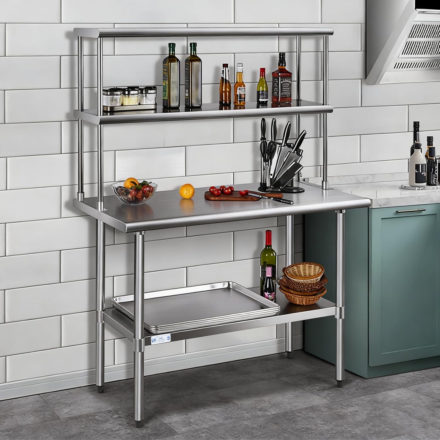 Hally Double Overshelf of Stainless Steel 12'' x 48'' Weight Capacity 380lb, Commercial 2 Tier Shelf for Prep & Work Table in Restaurant, Home and Kitchen