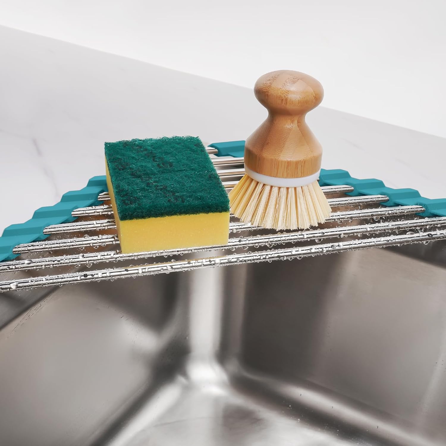 Tomorotec Triangle Roll-Up Dish Drying Rack for Sink Corner Small Foldable Stainless Steel Over The Sink Multipurpose Kitchen Drainer Caddy Organizer Storage Shelf Holder (Dark Green)