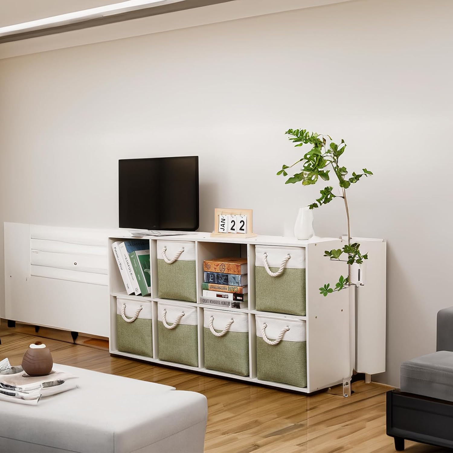 Fabric Storage Cubes, 11 inch cube storage bin with Handles, 11x11cube storage organizer bins, Collapsible Storage Bins for Shelves and Home, Cubby Storage Bins (white-green, 10.5x10.5x11in)